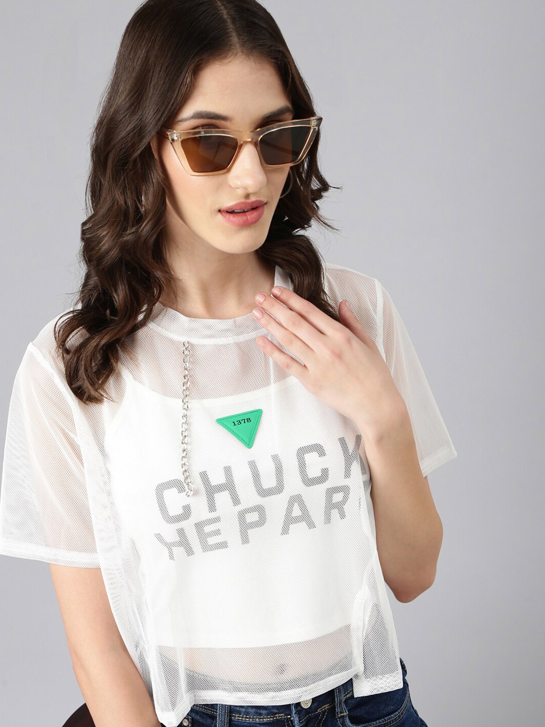 SHOWOFF Round Neck Short Sleeves Sheer Crop Boxy Top With Slip
