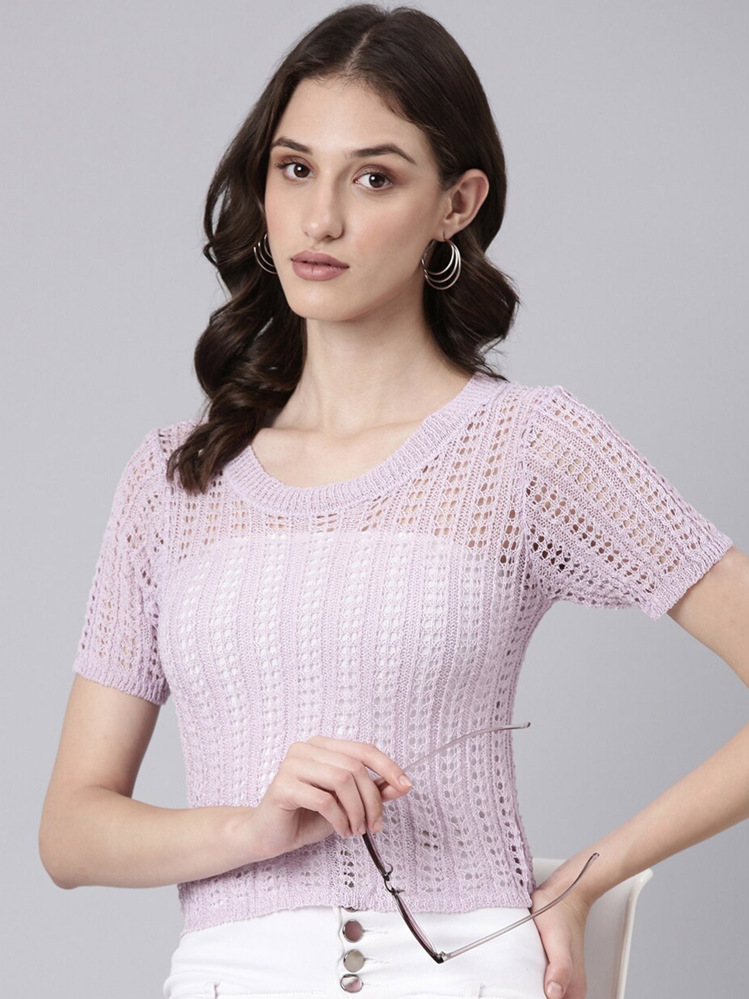 

SHOWOFF Self Design Short Sleeves Acrylic Top, Lavender