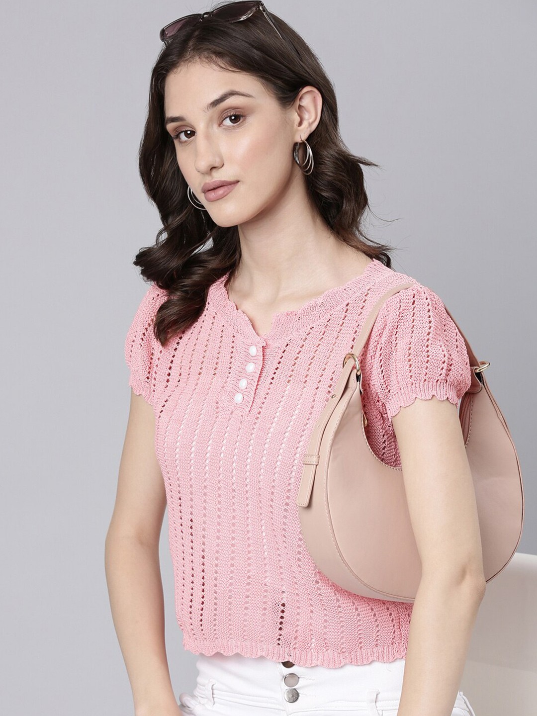 

SHOWOFF Self Design Puff Sleeves Acrylic Crop Top, Coral