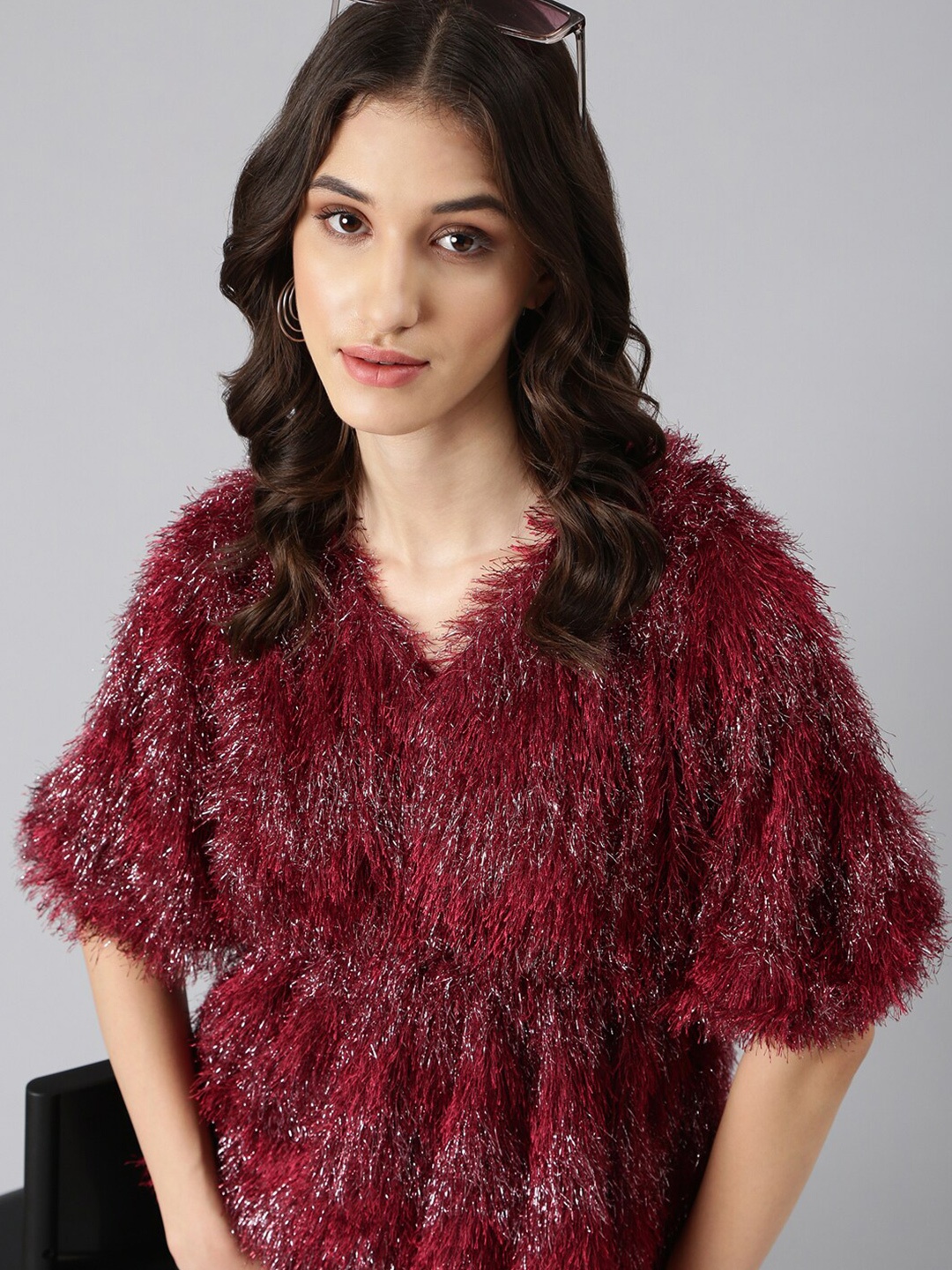 

SHOWOFF Embellished V-Neck Faux Fur Trim Empire Top, Maroon