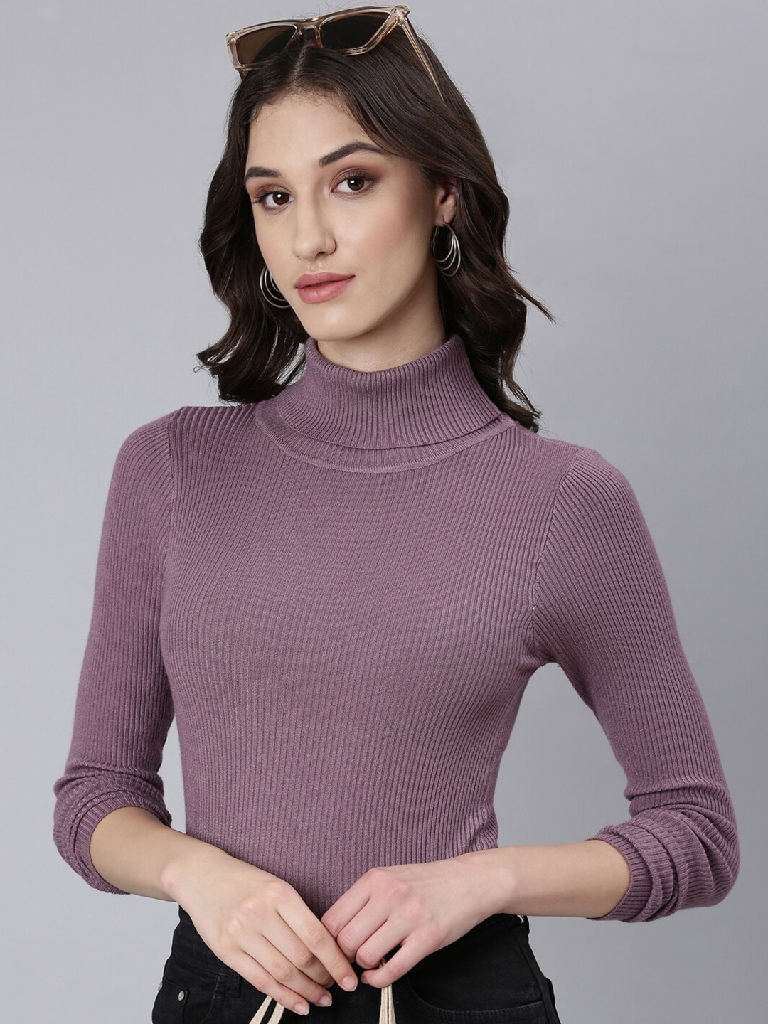 

SHOWOFF Regular Fit High Neck Long Sleeve Acrylic T-shirts, Mauve