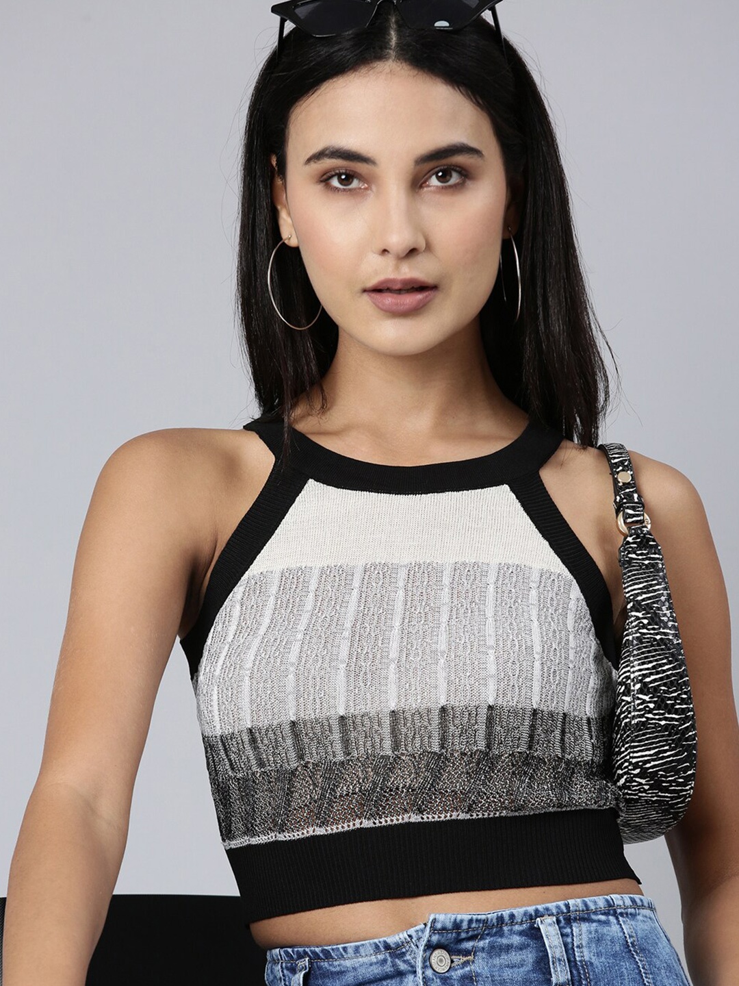 

SHOWOFF Self Design Sleeveless Acrylic Fitted Crop Top, Black