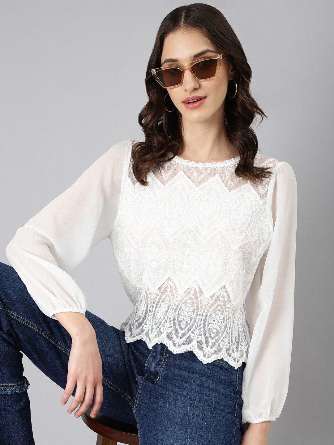 

SHOWOFF Self Design Round Neck Puff Sleeves Cotton Top, White