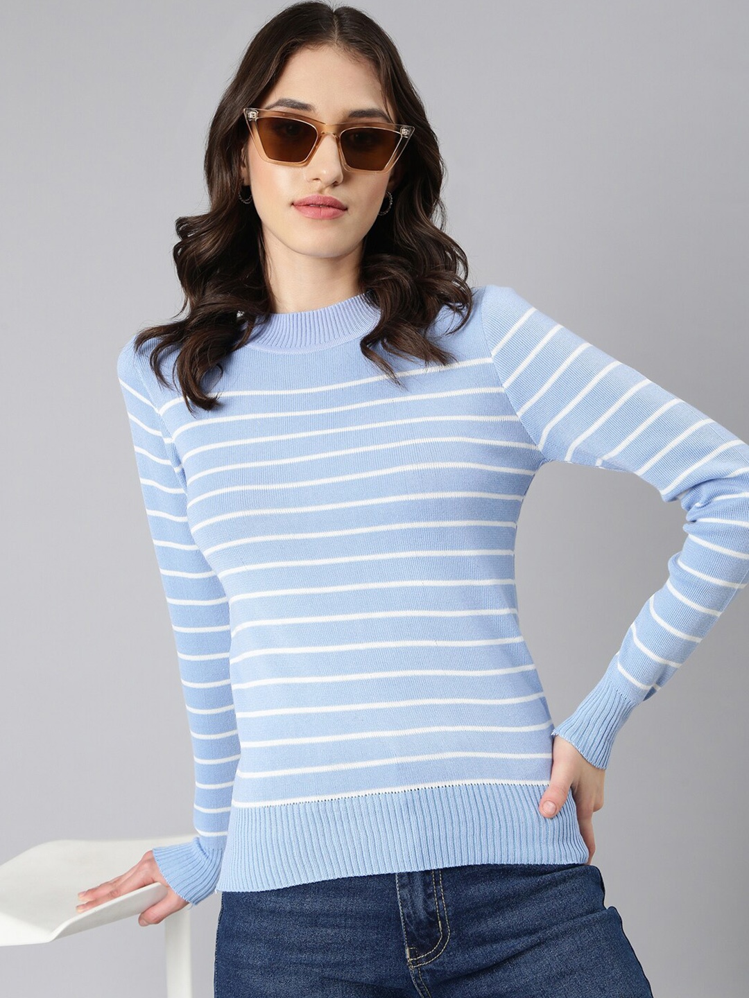 

SHOWOFF Horizontal Striped Round Neck Regular Top, Blue