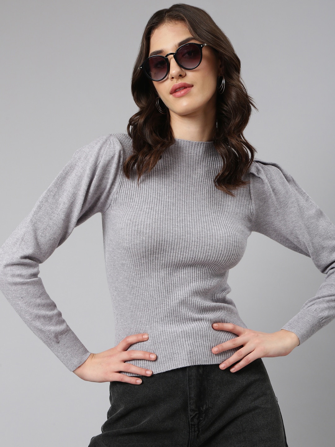 

SHOWOFF High Neck Puff Sleeves Fitted Top, Grey