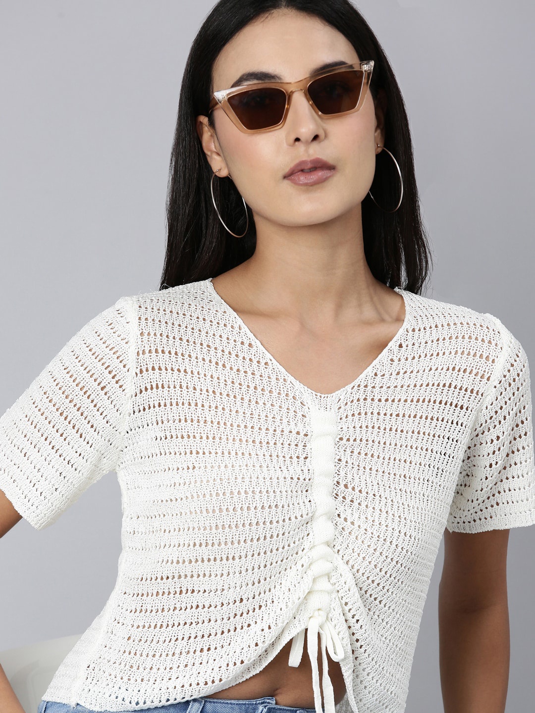 

SHOWOFF Self Design Tie-Ups Sheer Regular Crop Top, Off white