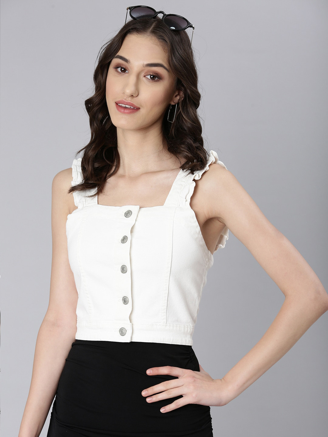 

SHOWOFF Square Neck Cotton Denim Crop Top, White