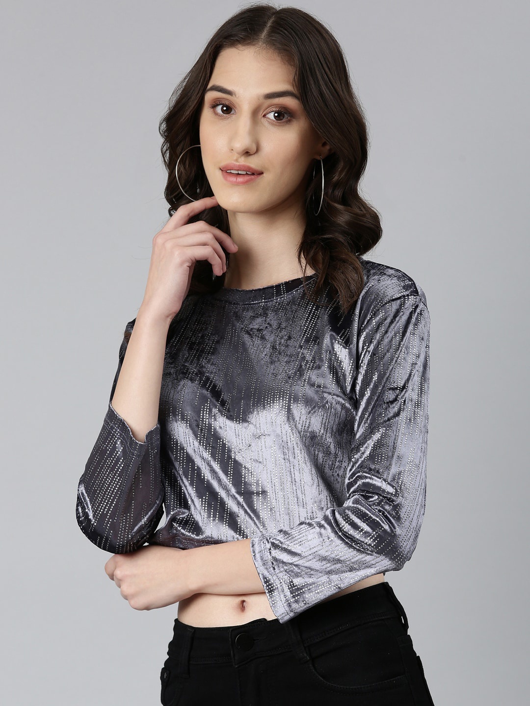 

SHOWOFF Round Neck Studded Velvet Crop Top, Grey