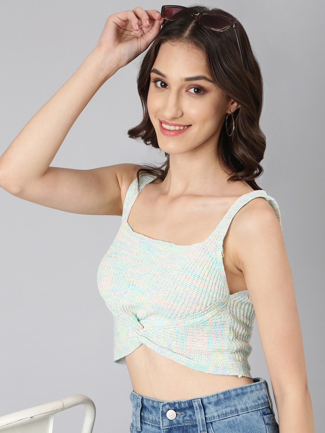 

SHOWOFF Self Design Square Neck Sleeveless Twisted Crop Top, Sea green