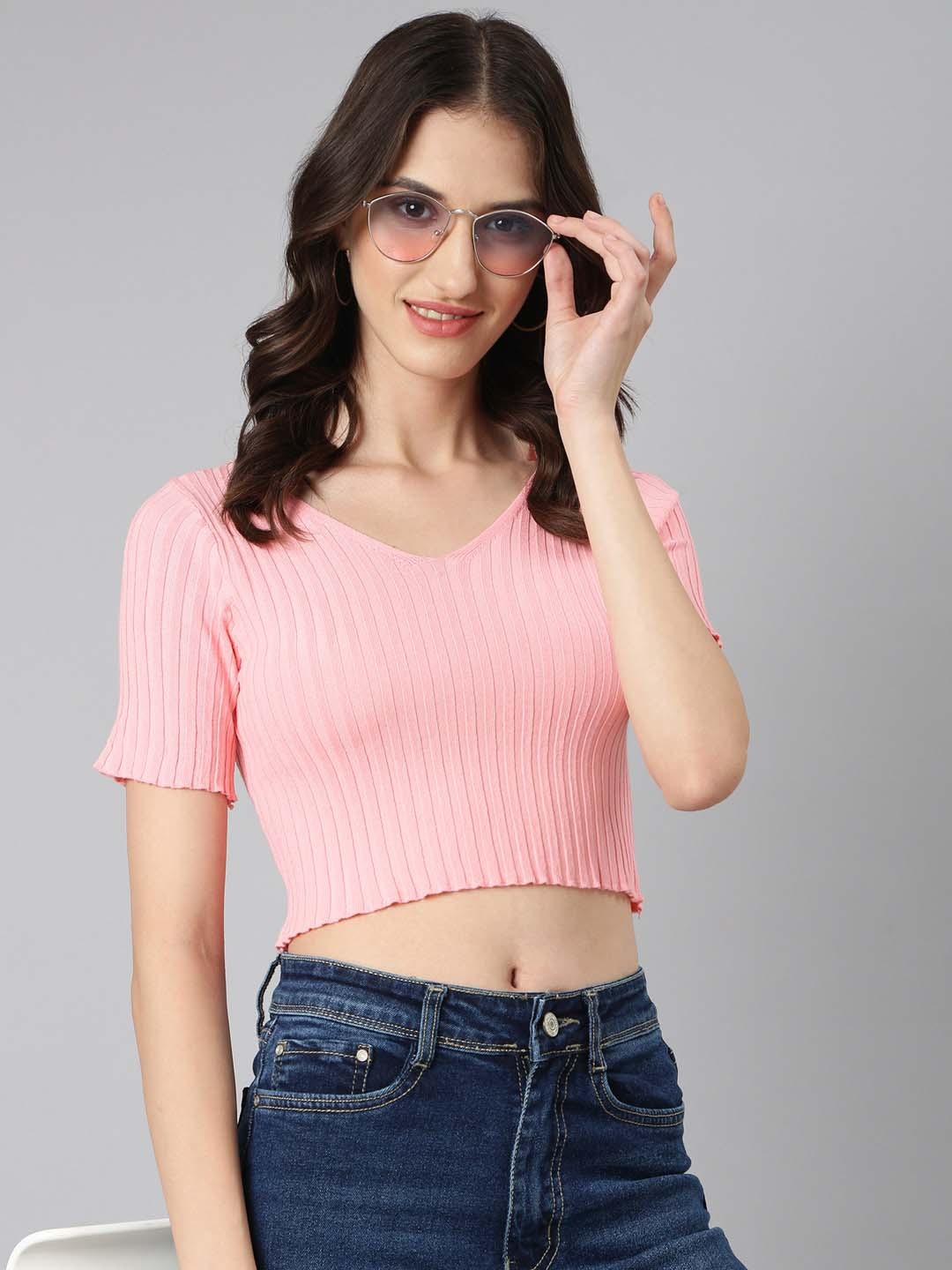 

SHOWOFF Striped V-Neck Crop Top, Pink