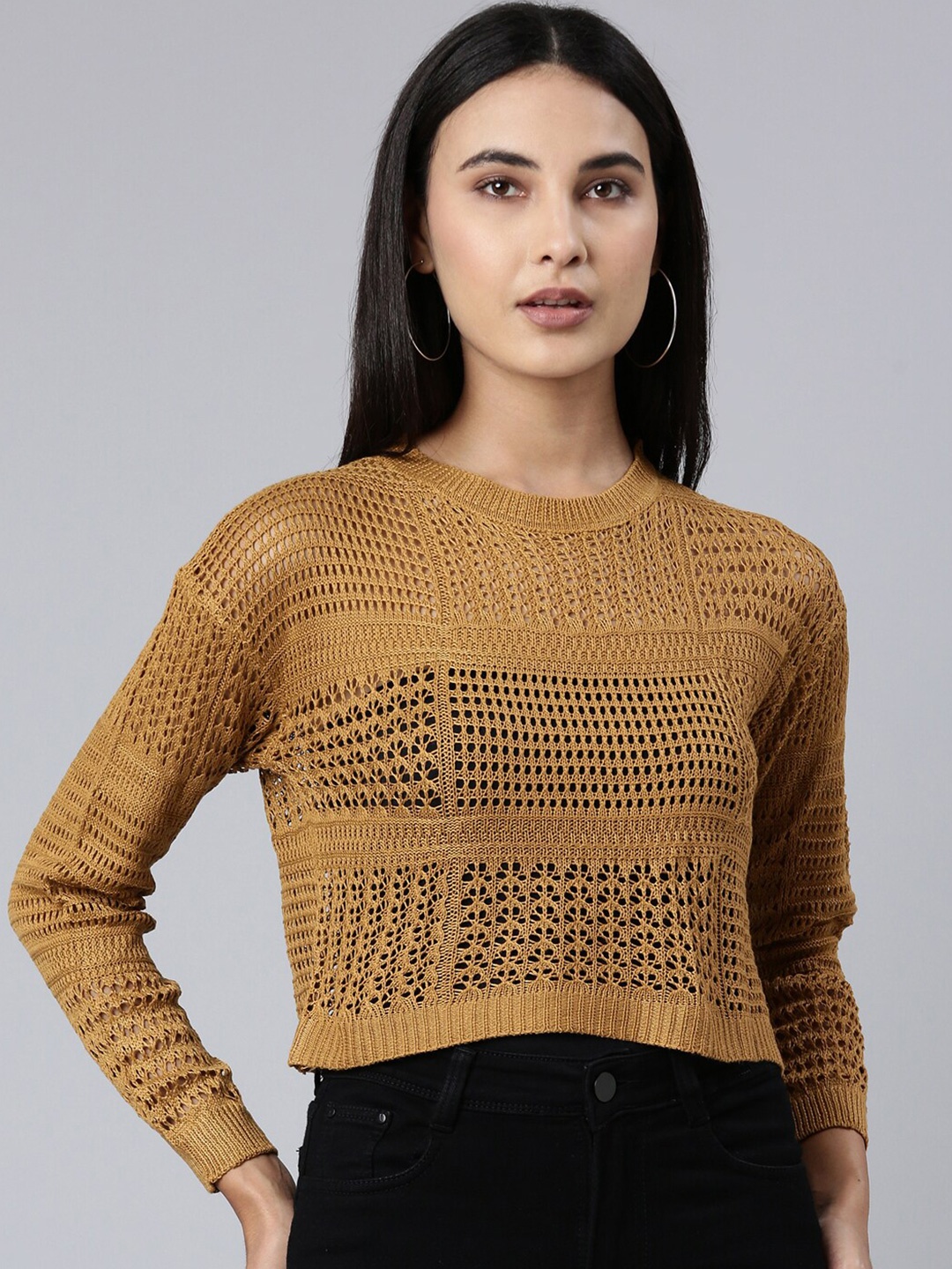

SHOWOFF Self Design Round Neck Knits Regular Crop Top, Brown