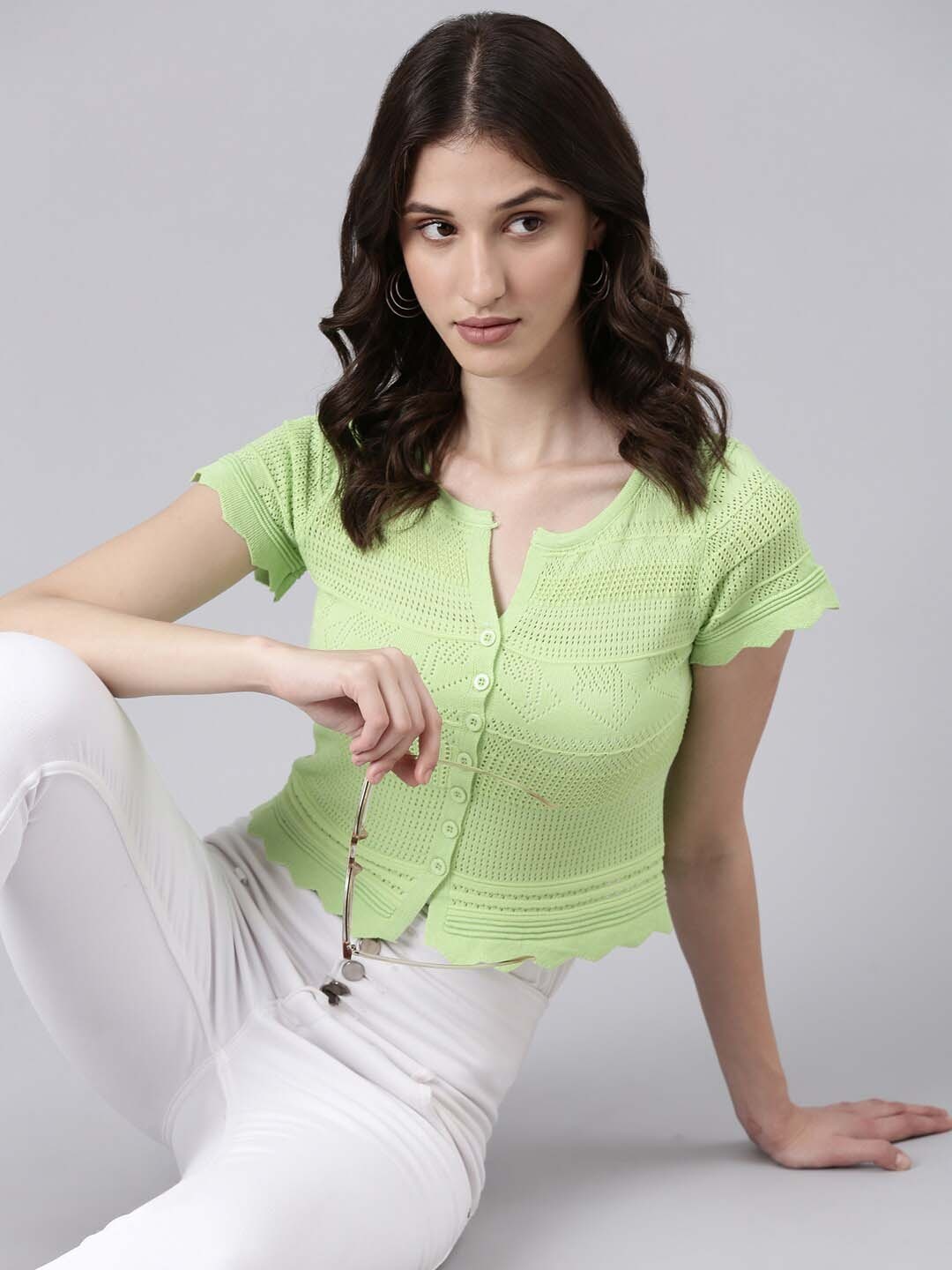 

SHOWOFF Self DesignShort Sleeves Acrylic Crop Top, Lime green