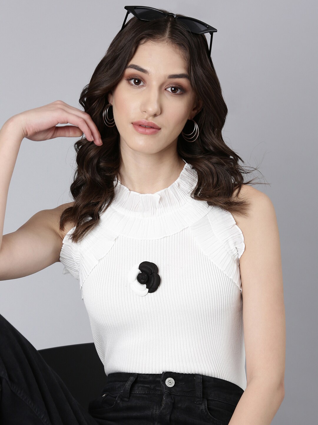 

SHOWOFF Striped Ruffled Casual Top, Off white
