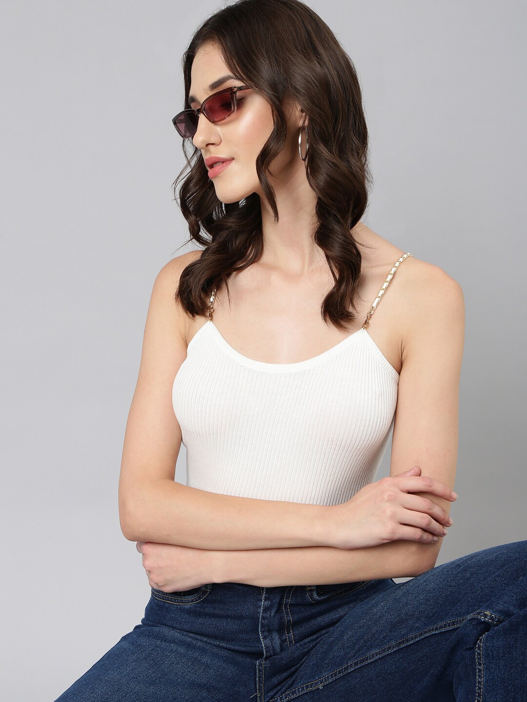 

SHOWOFF Shoulder Straps Acrylic Crop Top, Off white