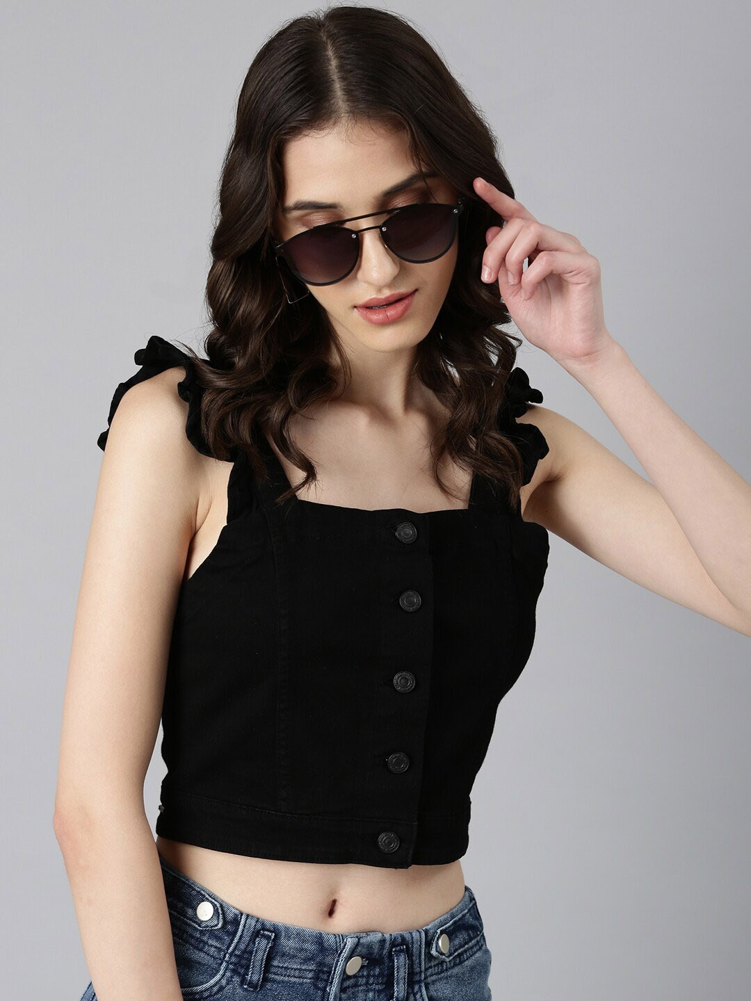 

SHOWOFF Shoulder Straps Denim Crop Top, Black