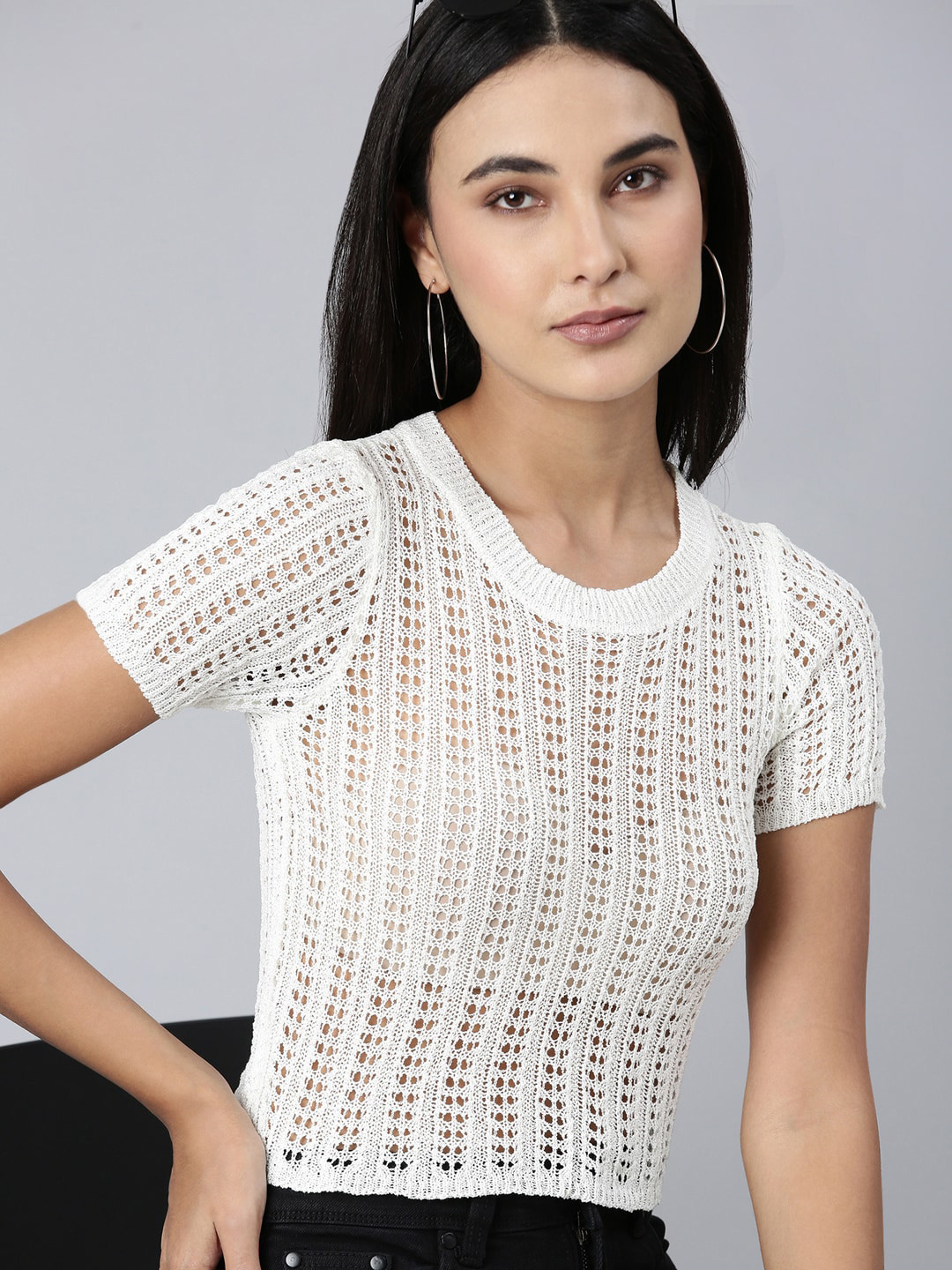 

SHOWOFF Self Design Round Neck Sheer Acrylic Regular Crop Top, Off white