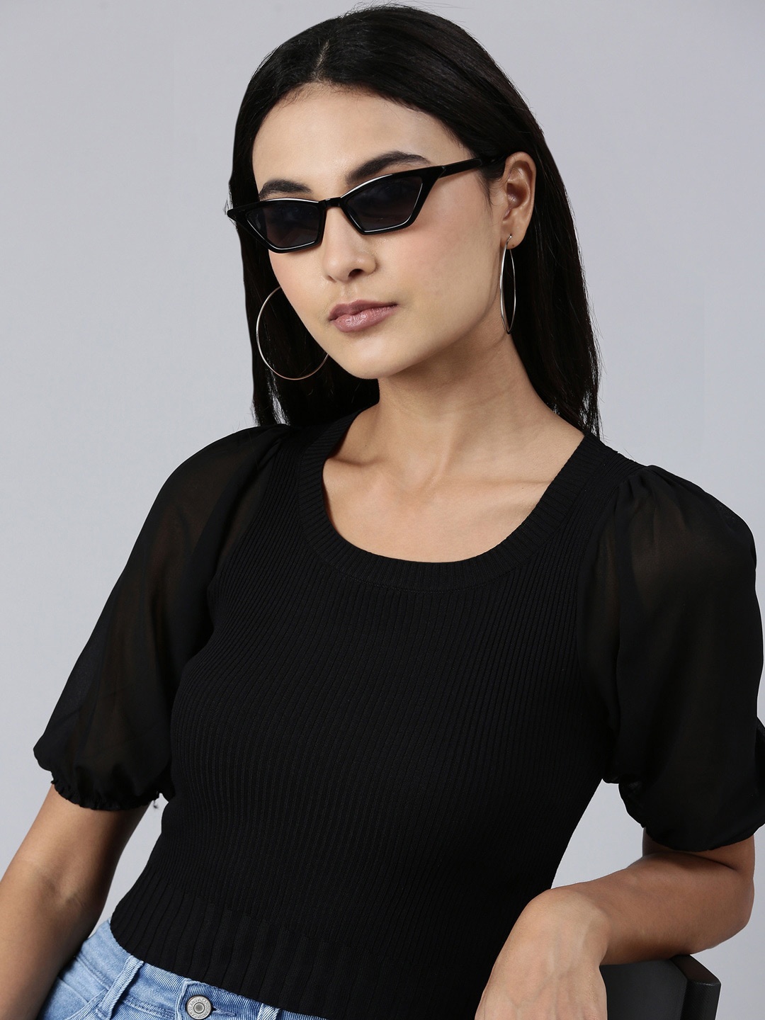 

SHOWOFF Round Neck Puff Sleeve Acrylic Crop Top, Black