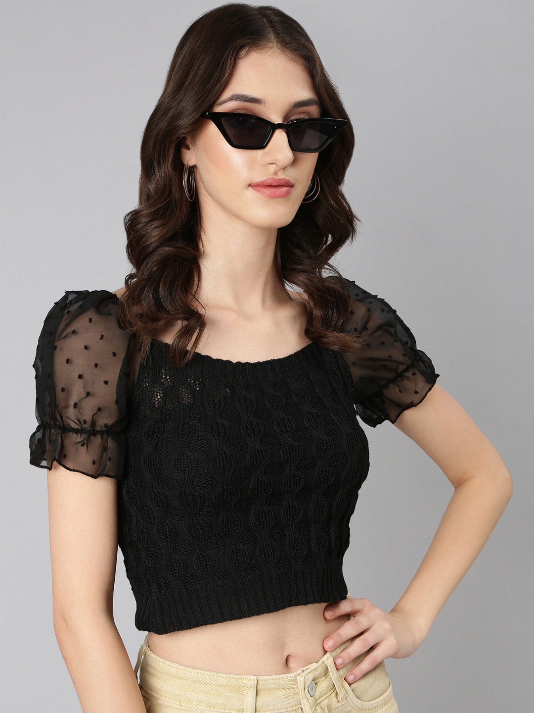

SHOWOFF Self Design Puff Sleeves Fitted Crop Top, Black