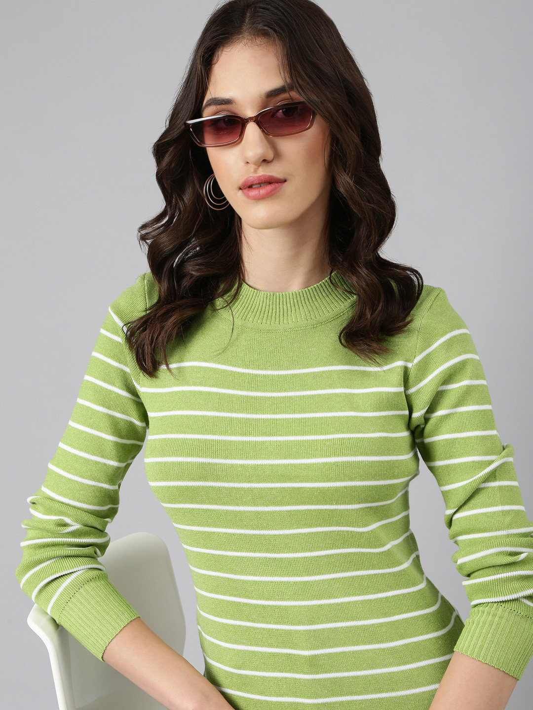 

SHOWOFF Striped Round Neck Top, Green