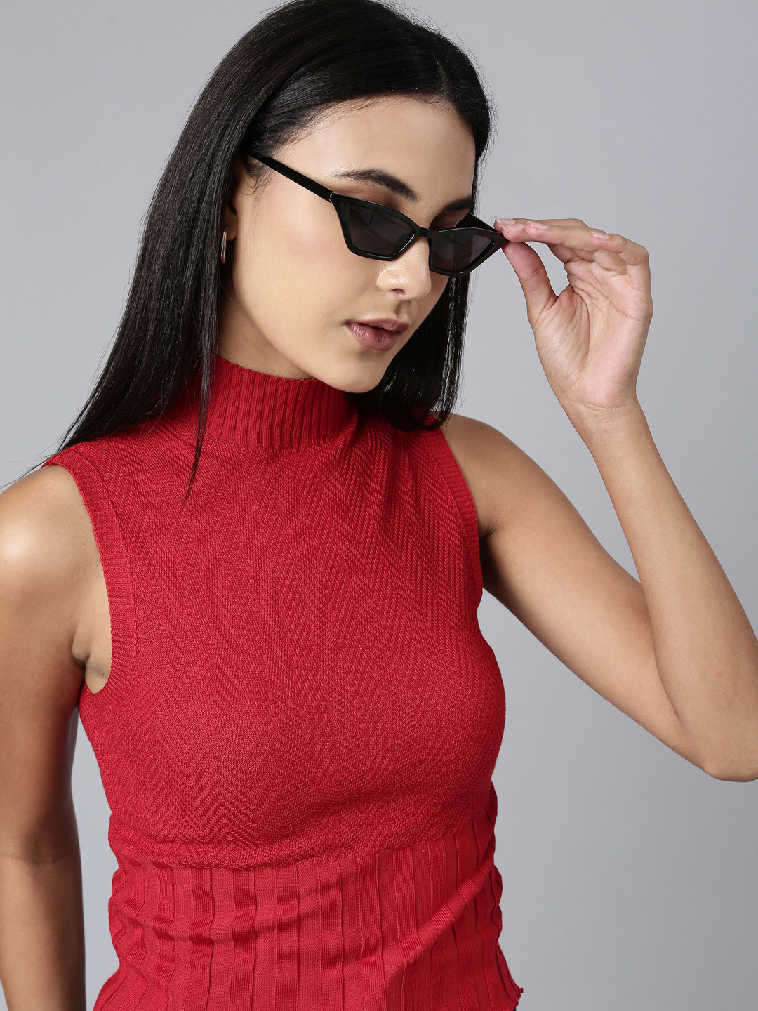 

SHOWOFF Self Design High Neck Sleeveless Acrylic Top, Red