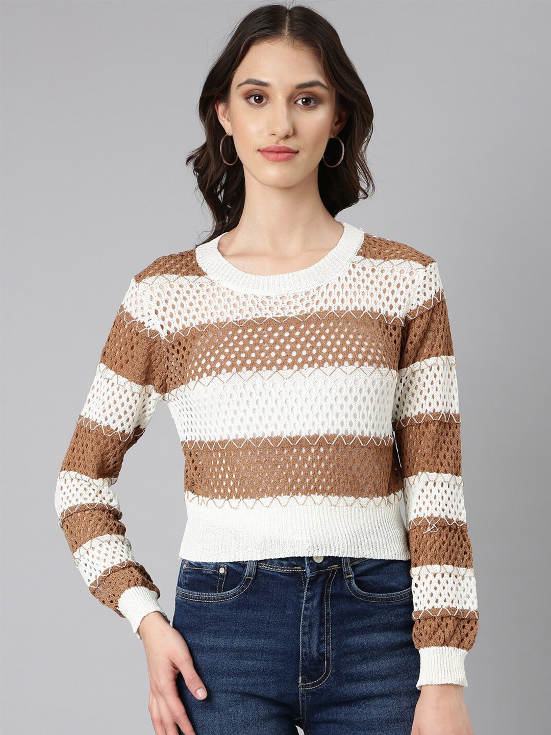 

SHOWOFF Striped Long Sleeves Acrylic Top, Off white