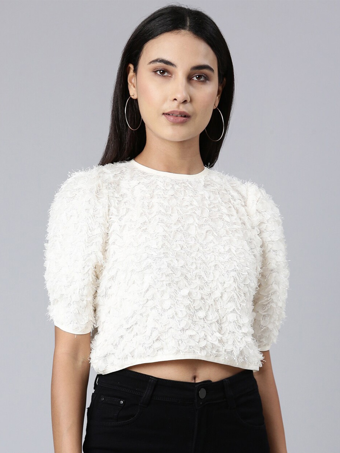 

SHOWOFF Self Design Crop Top, Cream