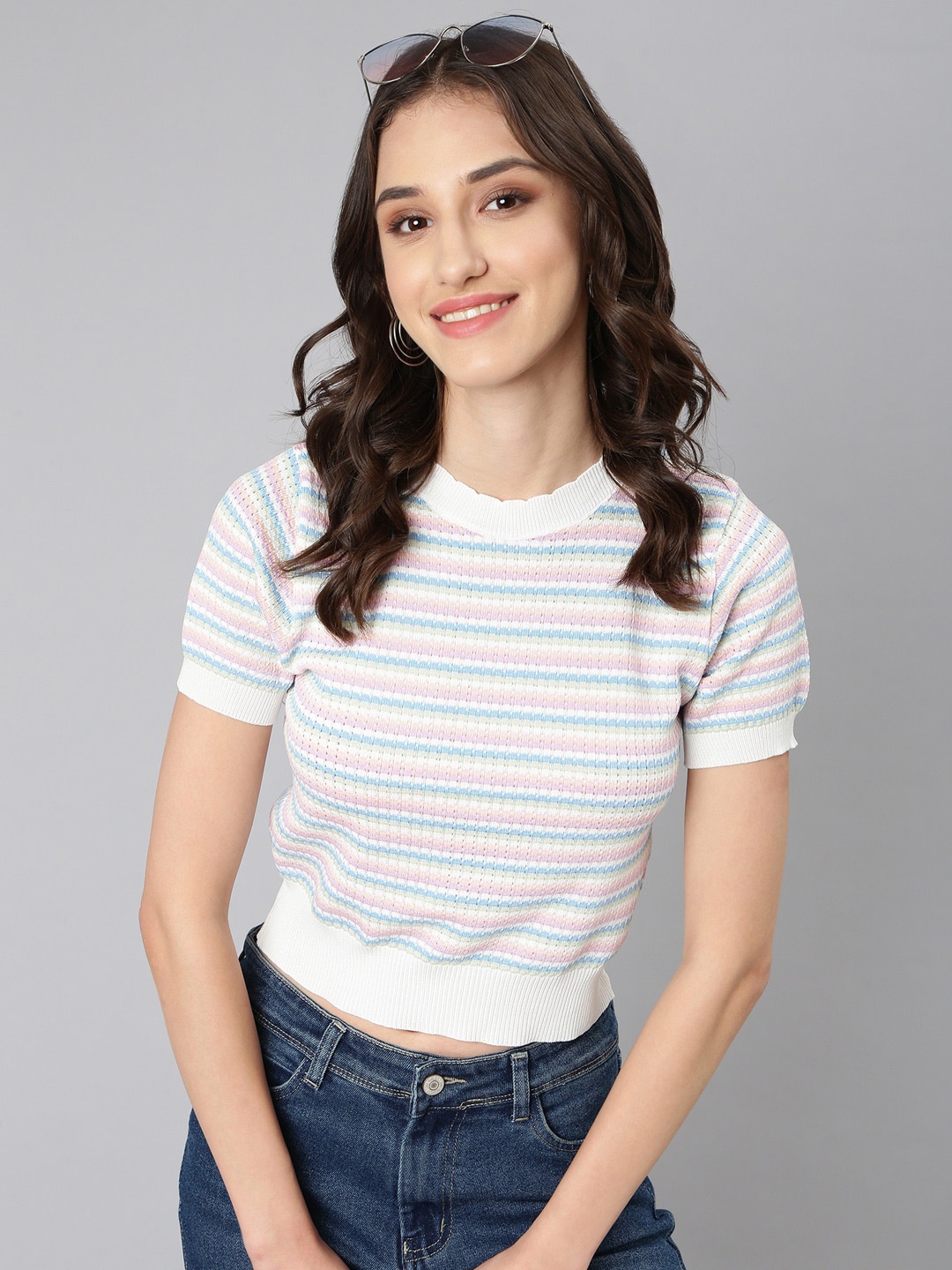 

SHOWOFF Horizontal Striped Round Neck Candy Stripes Fitted Crop Top, White