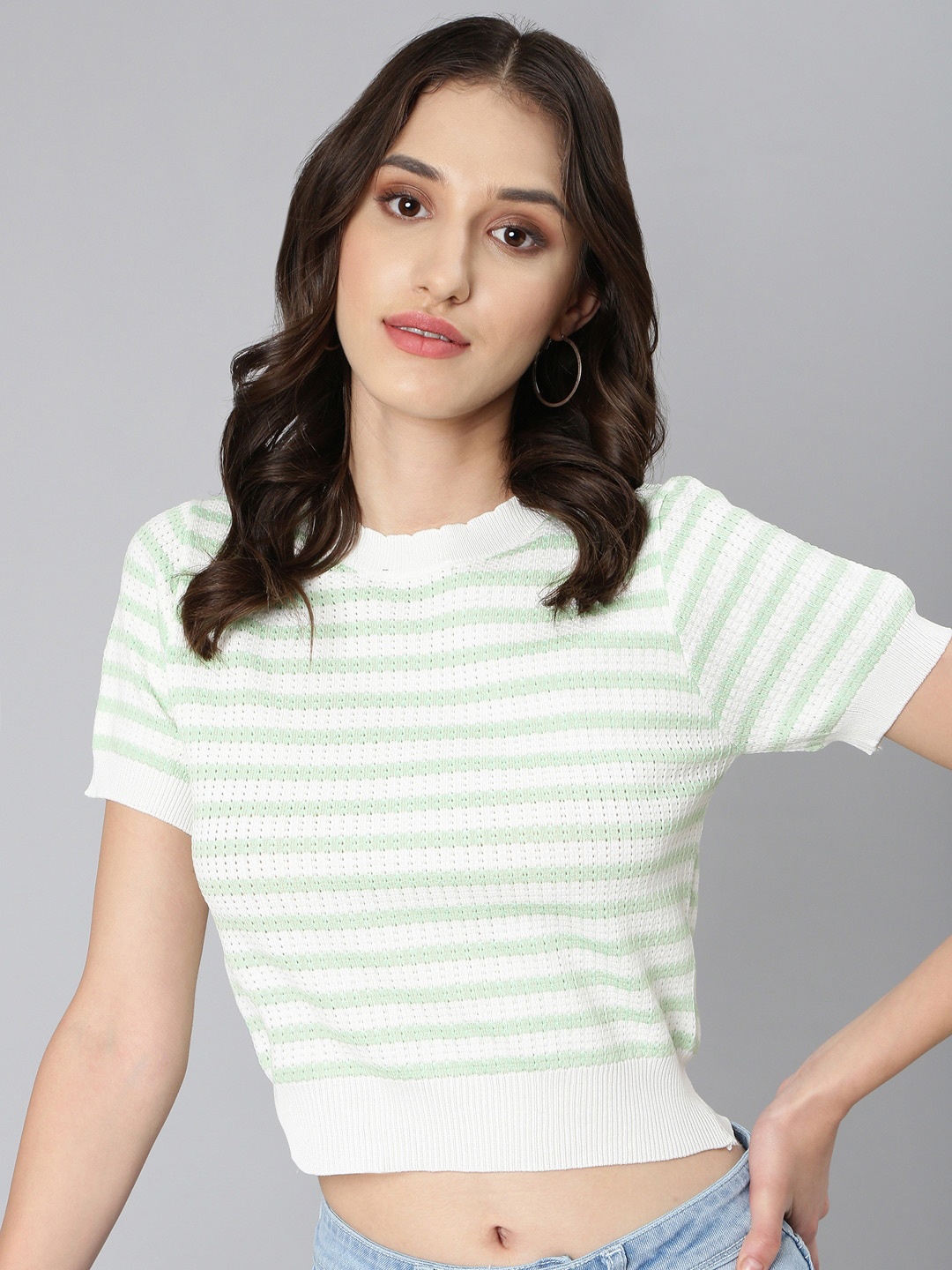 

SHOWOFF Striped Puff Sleeves Acrylic Crop Top, Green