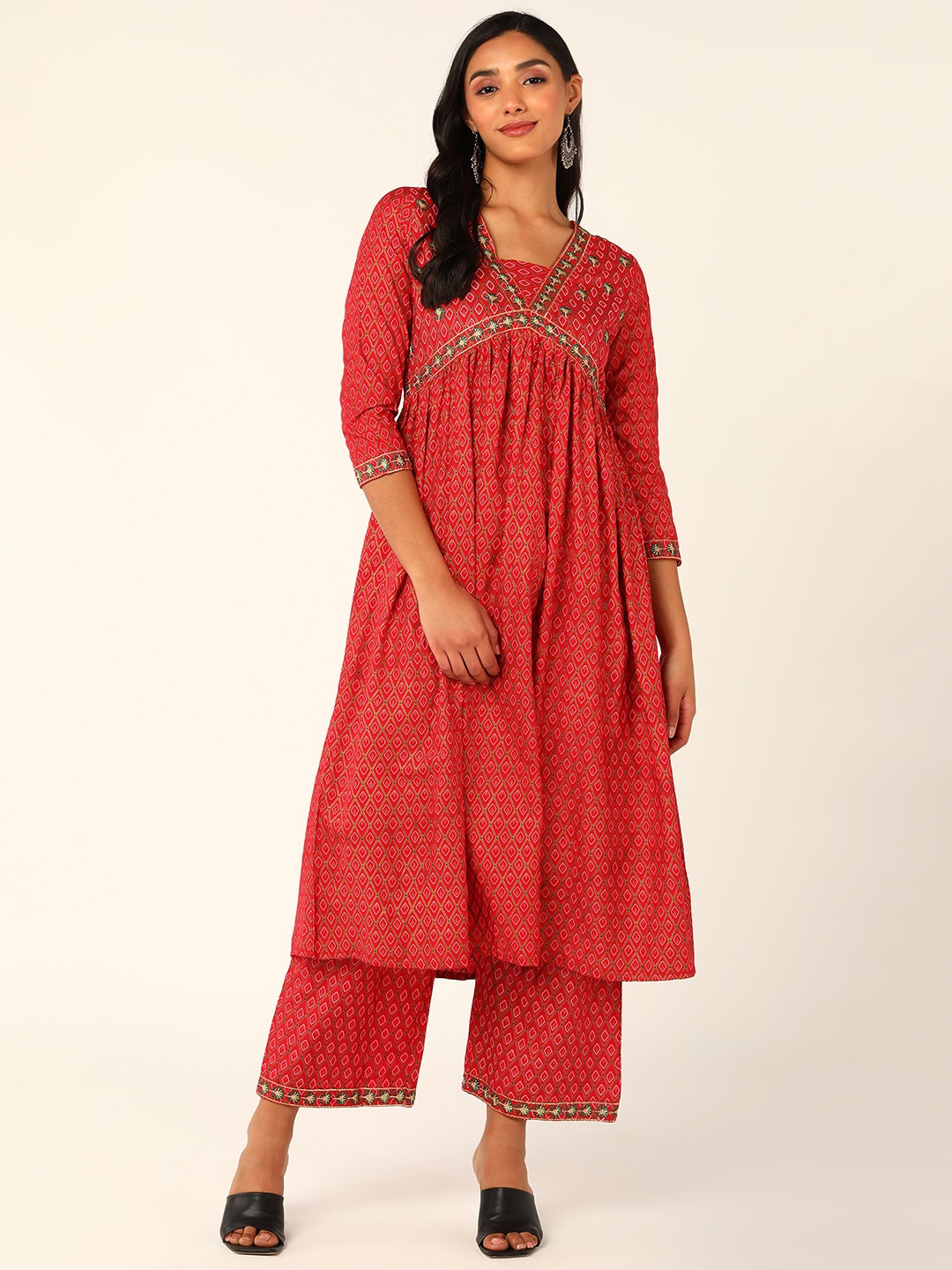 

HERE&NOW Ethnic Motif Printed Empire Thread Work Anarkali Kurta with Palazzos, Red