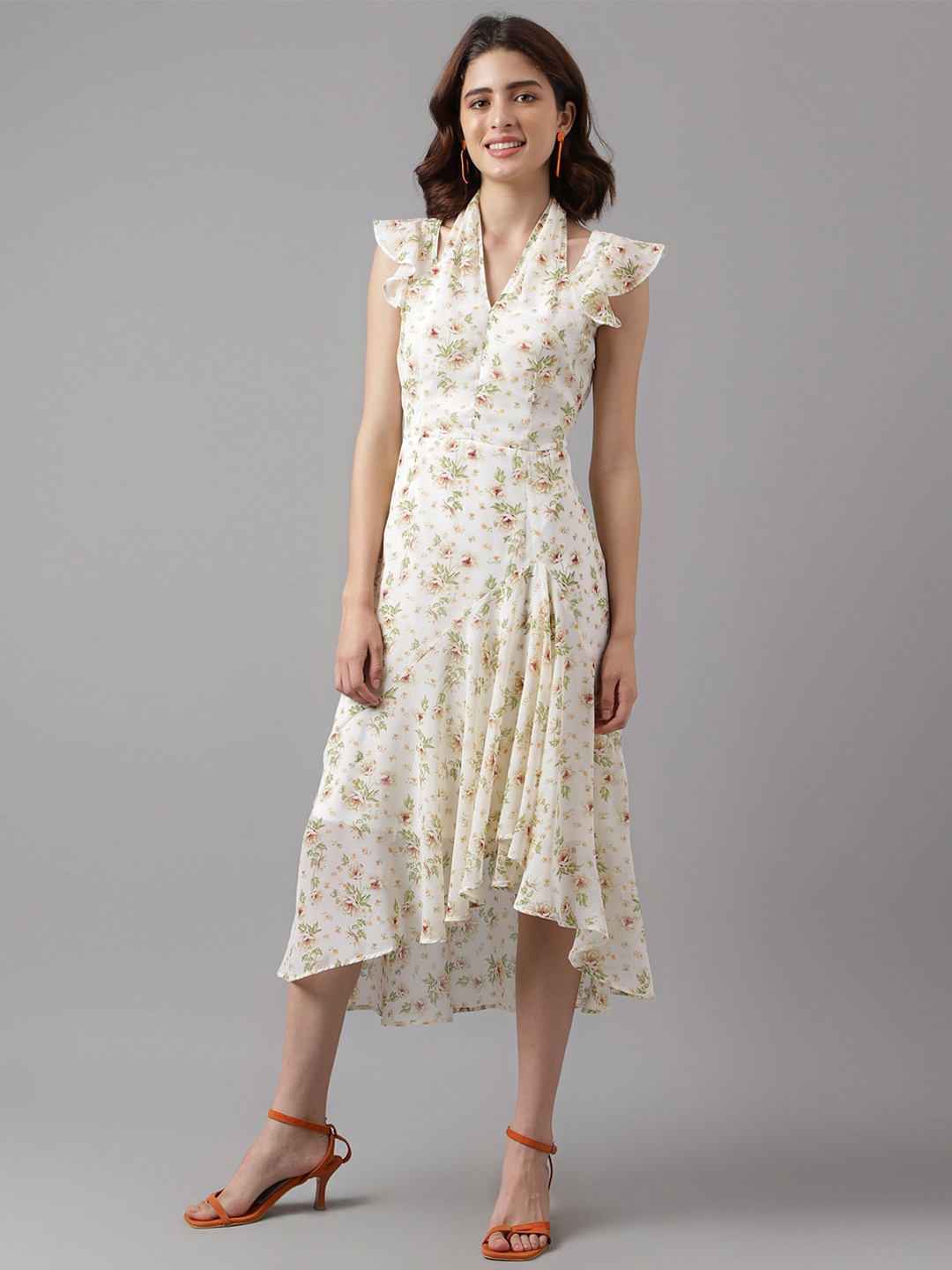 

Latin Quarters Floral Printed V-Neck Flutter Sleeves A-Line Midi Dress, White