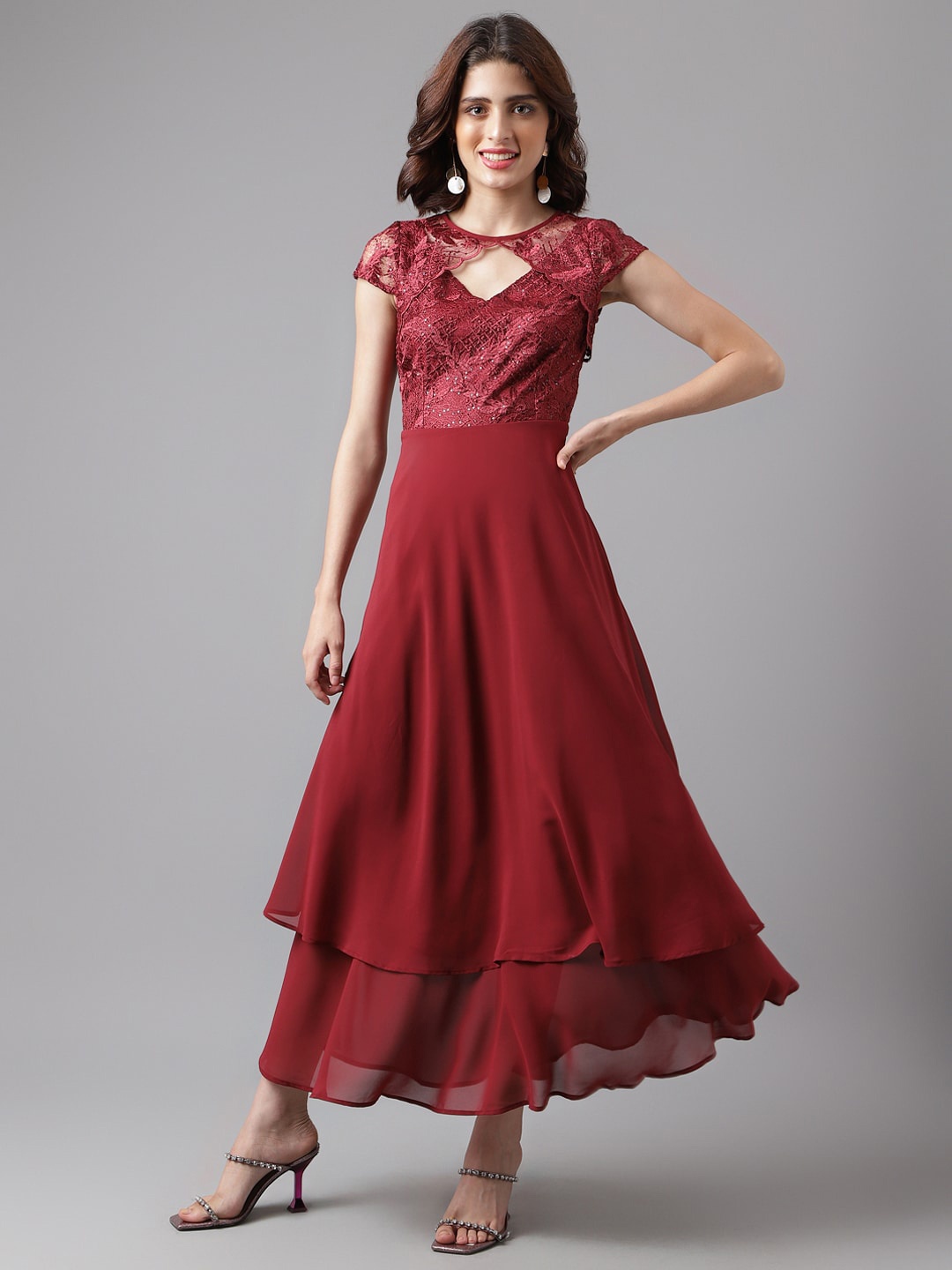 

Latin Quarters Sequined Embellished Lace Detail Cap Sleeves Layered Maxi Fit & Flare Dress, Maroon