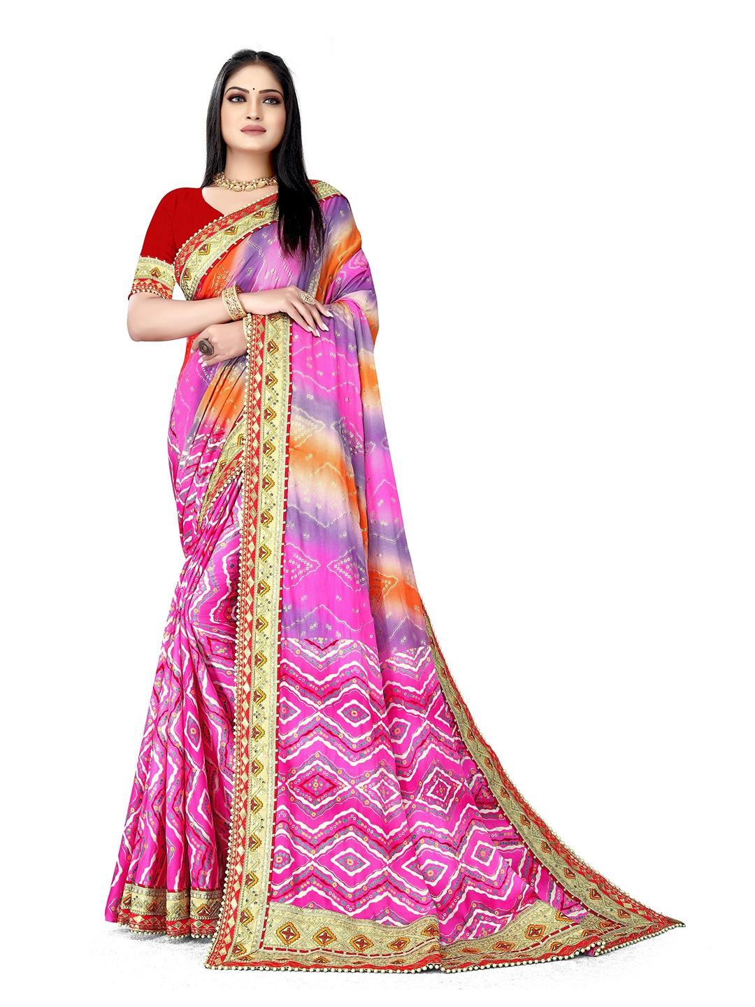 

Mitera Pink & Blue Printed Beads and Stones Pure Chiffon Bandhani Saree