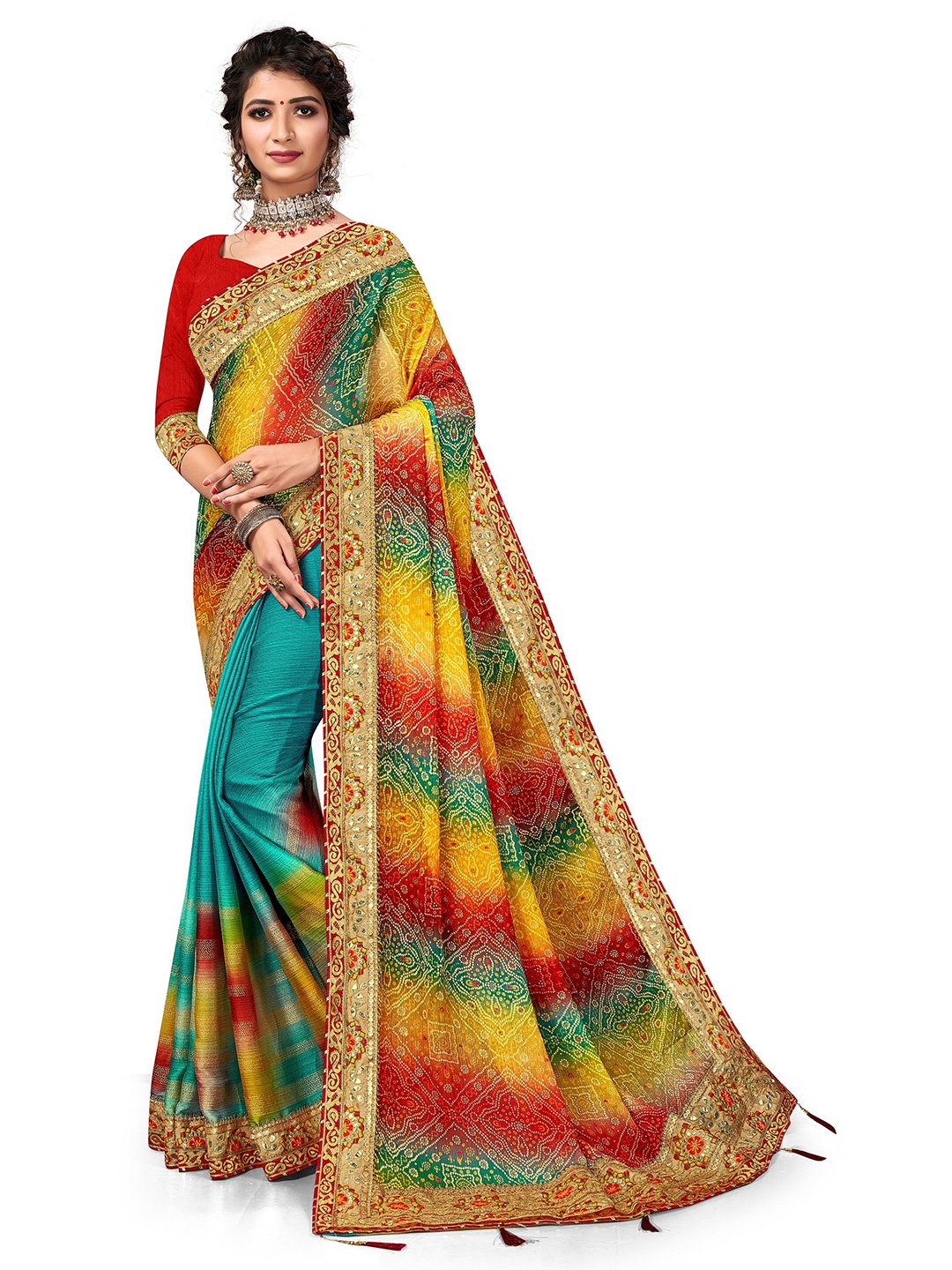 

Mitera Turquoise Blue & Red Bandhani Printed Beads & Stones Pure Chiffon Bandhani Saree