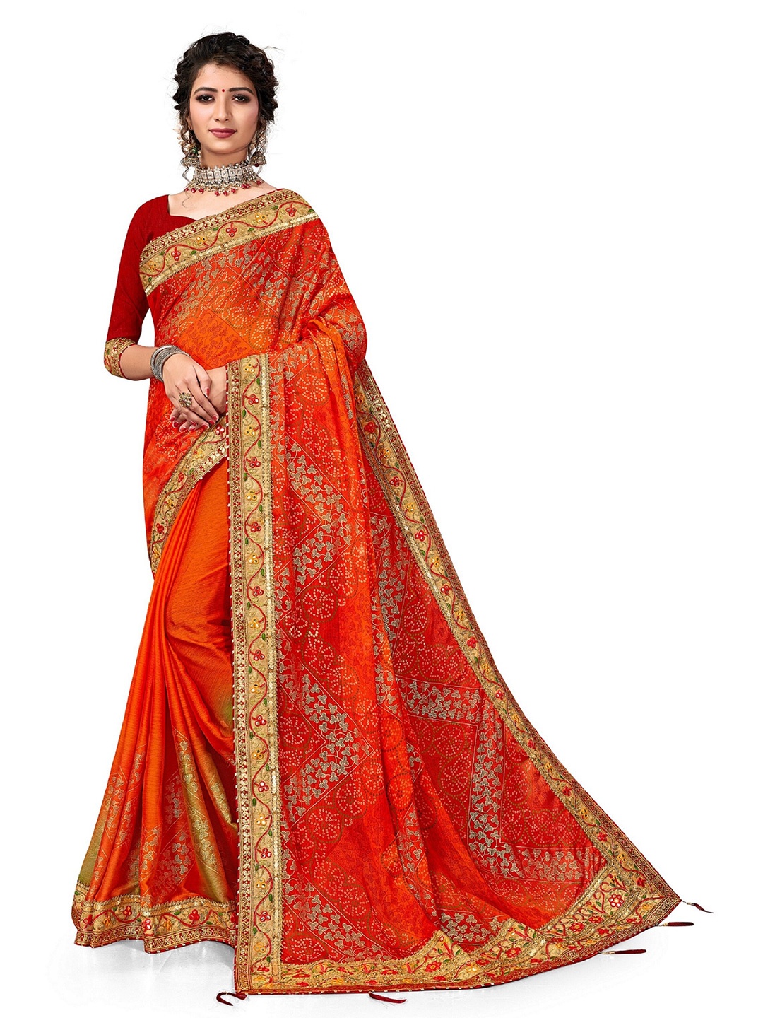 

Mitera Orange & Green Bandhani Printed Beads and Stones Pure Chiffon Saree