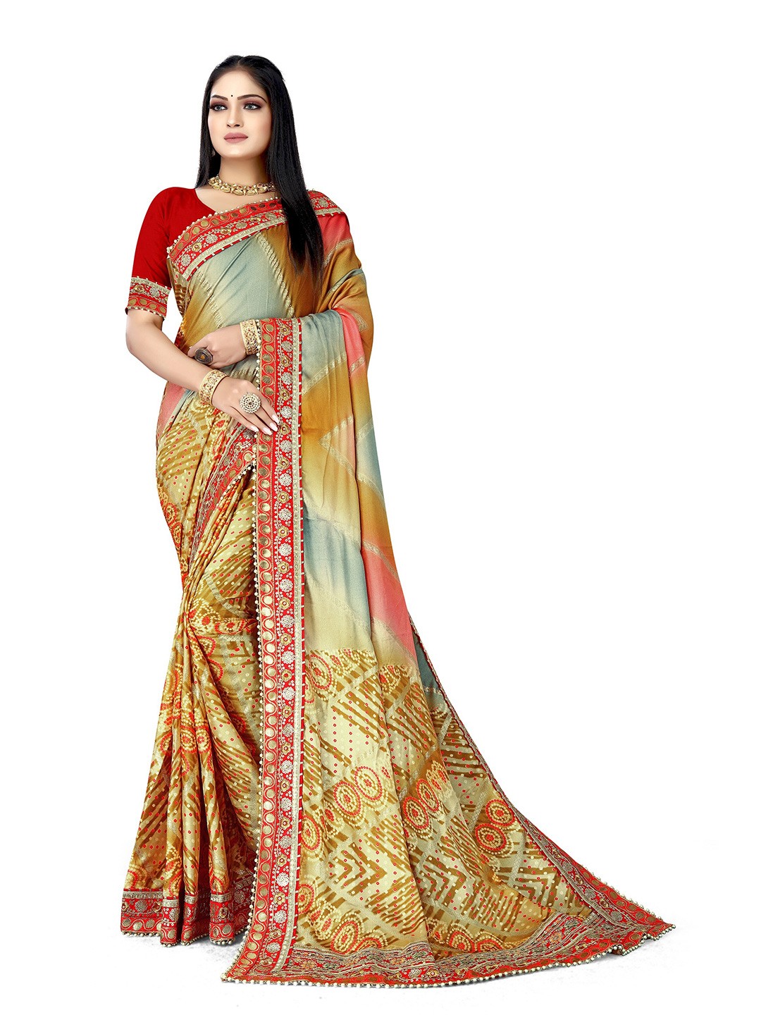 

Mitera Beige & Red Bandhani Printed Beads & Stones Pure Chiffon Bandhani Saree