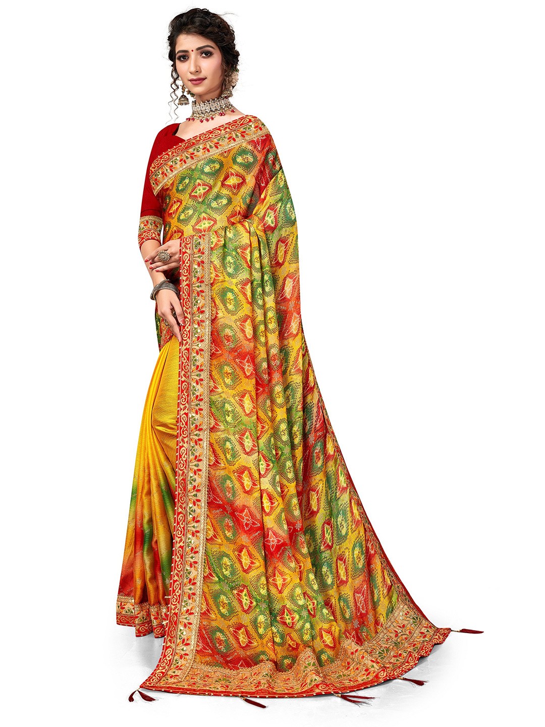 

Mitera Ethnic Motifs Printed Pure Chiffon Bandhani Saree, Yellow