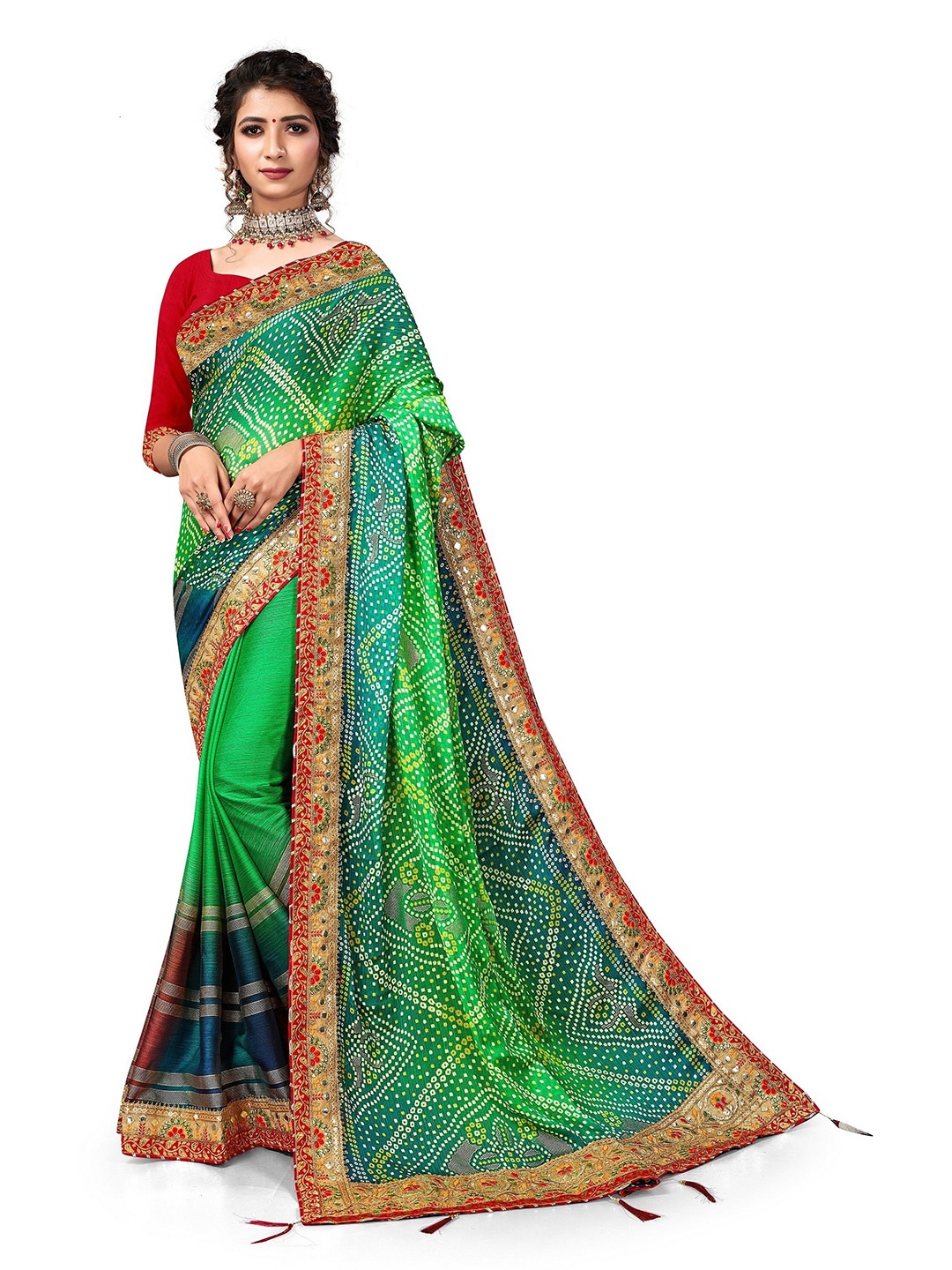 

Mitera Green & Red Bandhani Printed Embroidered Pure Chiffon Saree