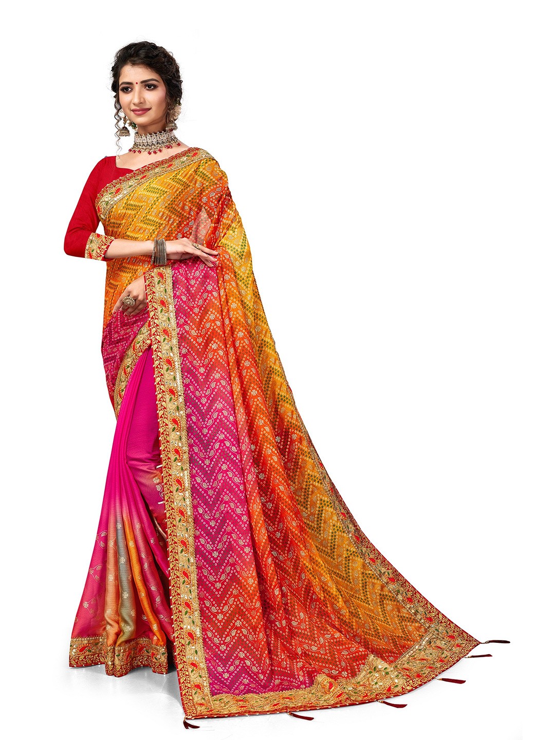 

Mitera Pink & Yellow Bandhani Embroidered Pure Chiffon Bandhani Saree