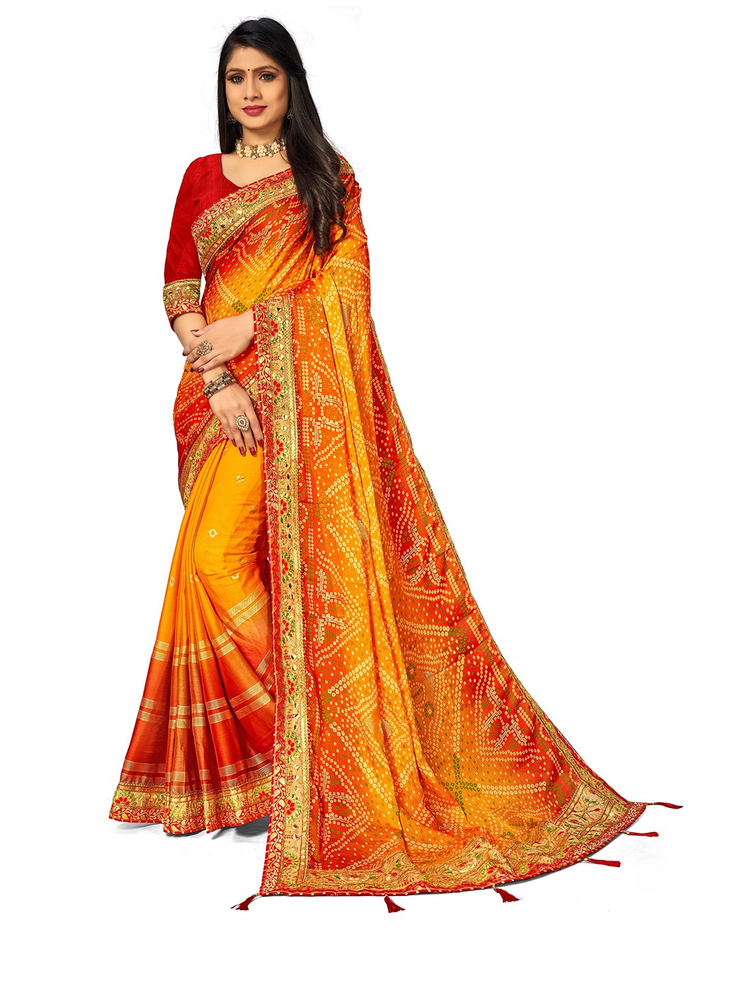 

Mitera Mustard & Red Bandhani Embroidered Pure Chiffon Bandhani Saree