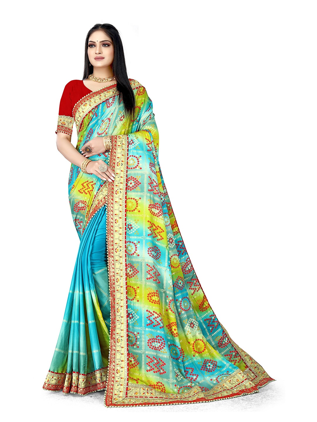 

Mitera Turquoise Blue & Red Printed Embroidered Pure Chiffon Bandhani Saree