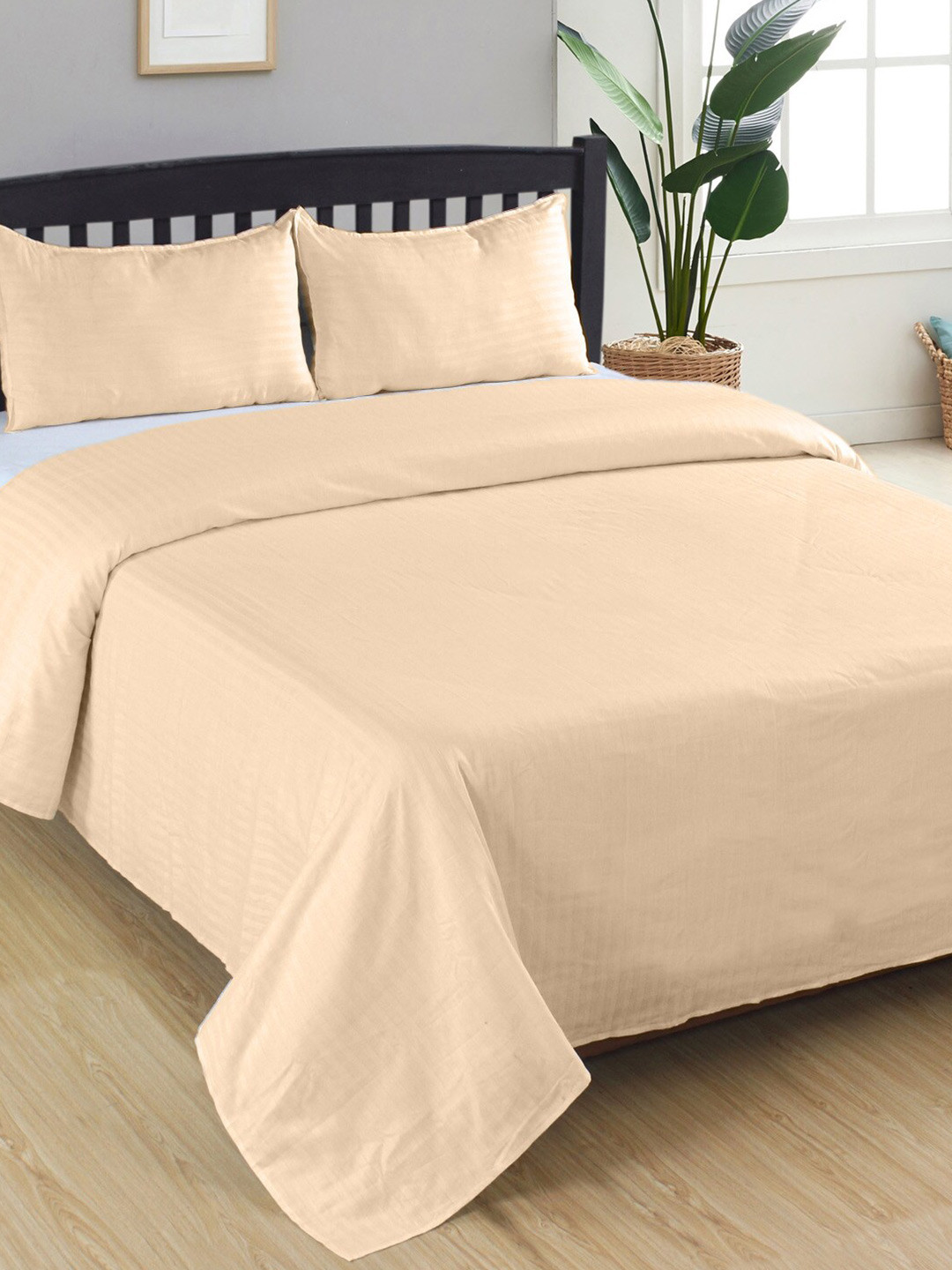 

AVI Living Beige Striped Cotton 400 TC King Bedsheet with 2 Pillow Covers