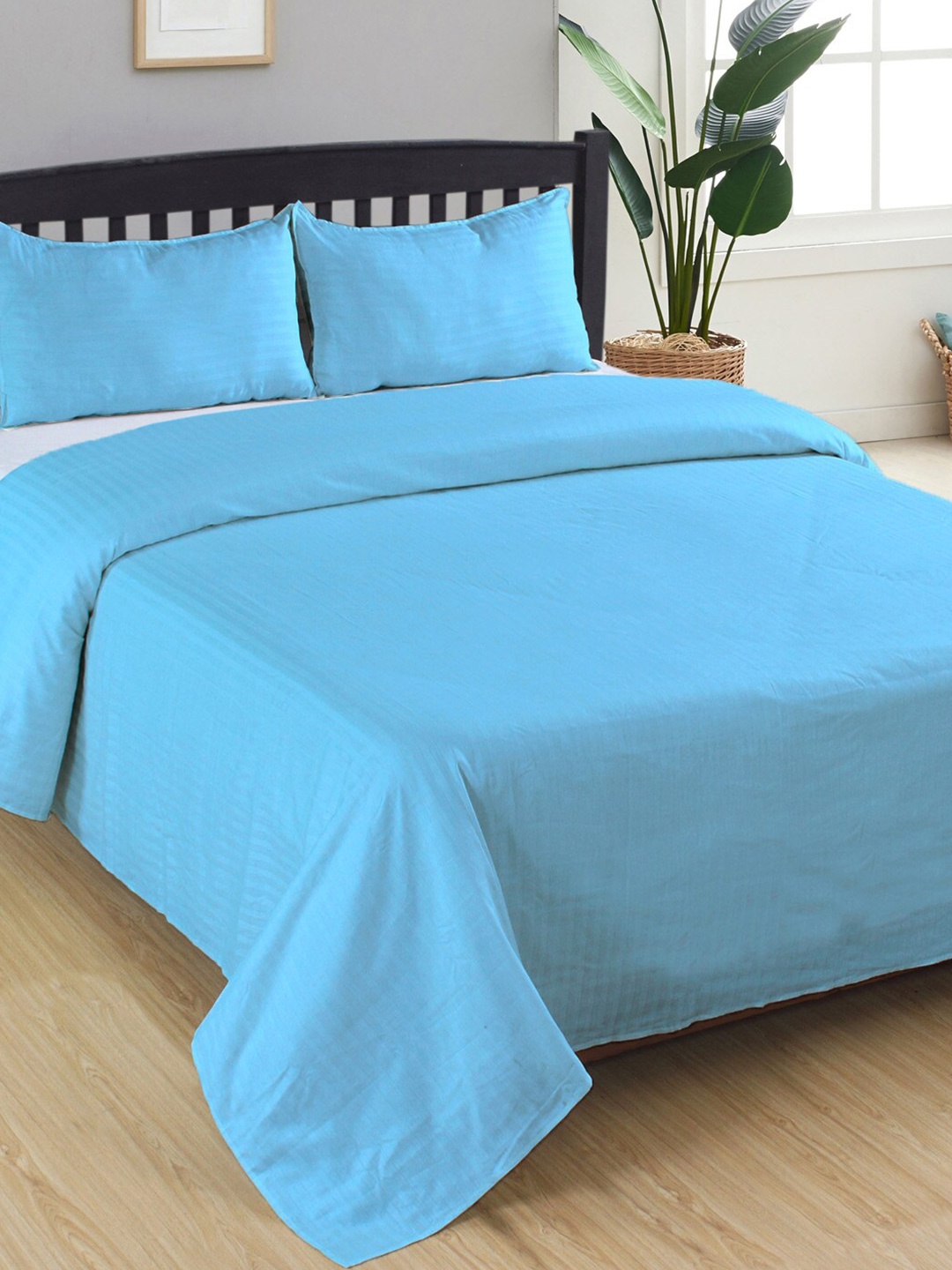 

AVI Living Blue Striped Cotton 400 TC King Bedsheet with 2 Pillow Covers