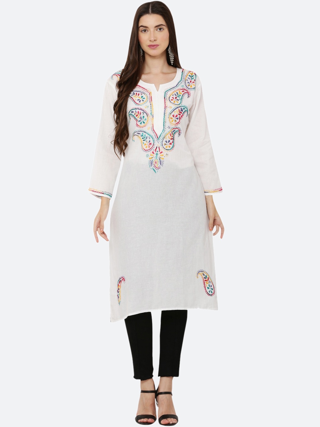 

FAWOMENT Paisley Embroidered Thread Work Straight Kurta, White