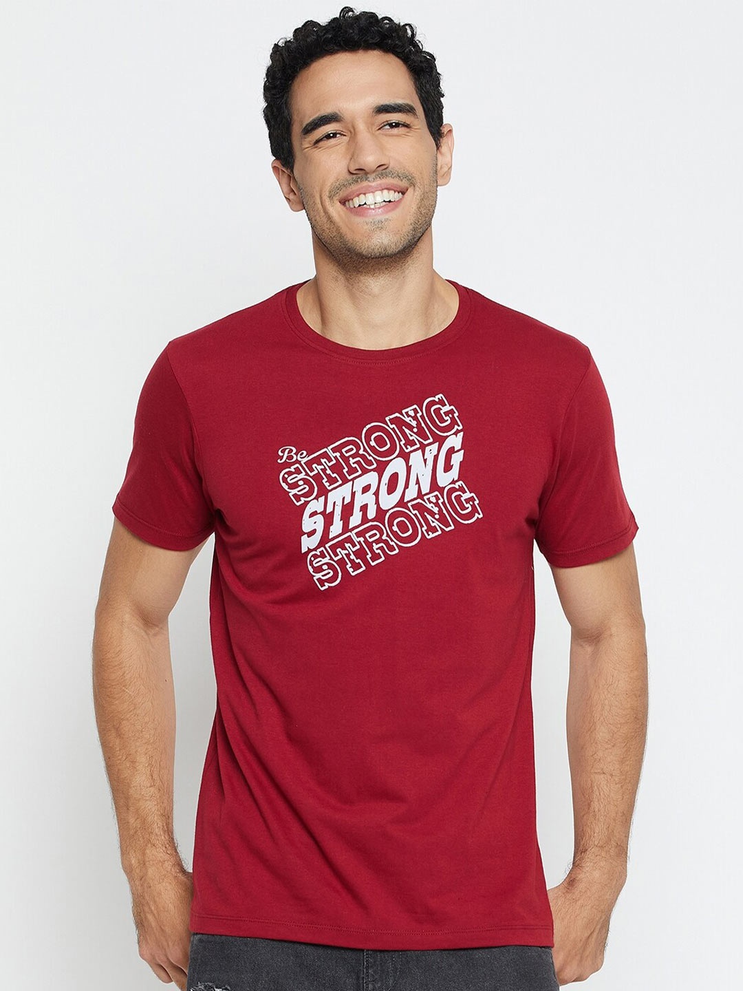 

Mast & Harbour Typography Printed Round Neck Casual Knitted Pure Cotton T-shirt, Maroon