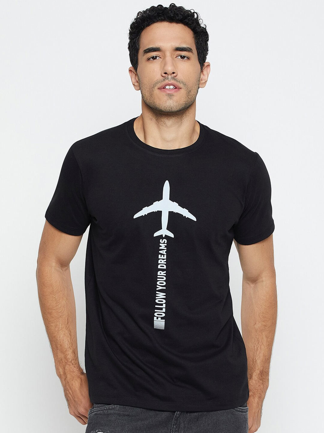 

Mast & Harbour Typography Printed Round Neck Casual Knitted Pure Cotton T-shirt, Black