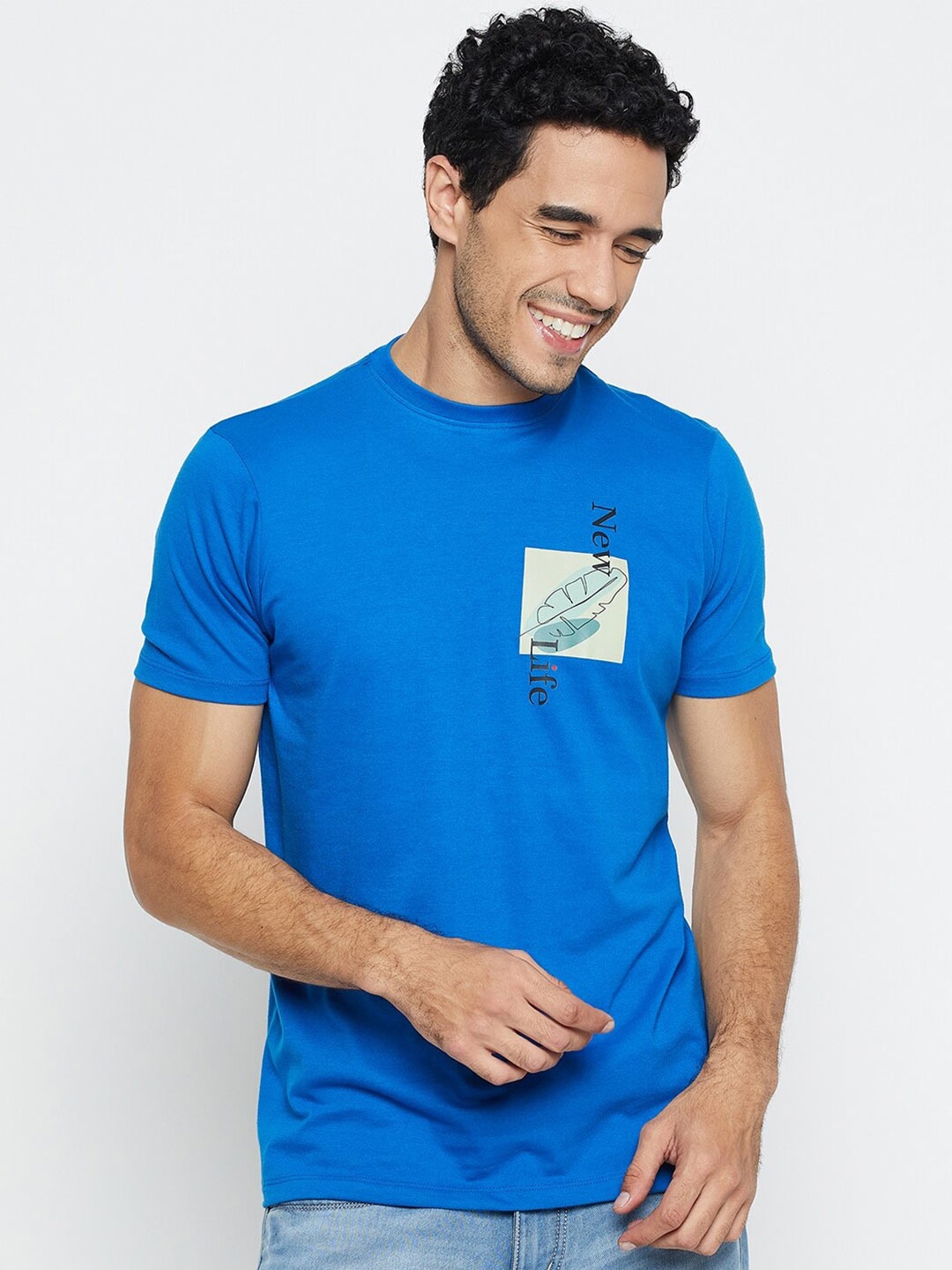 

Mast & Harbour Typography Printed Round Neck Casual Knitted Pure Cotton T-shirt, Blue