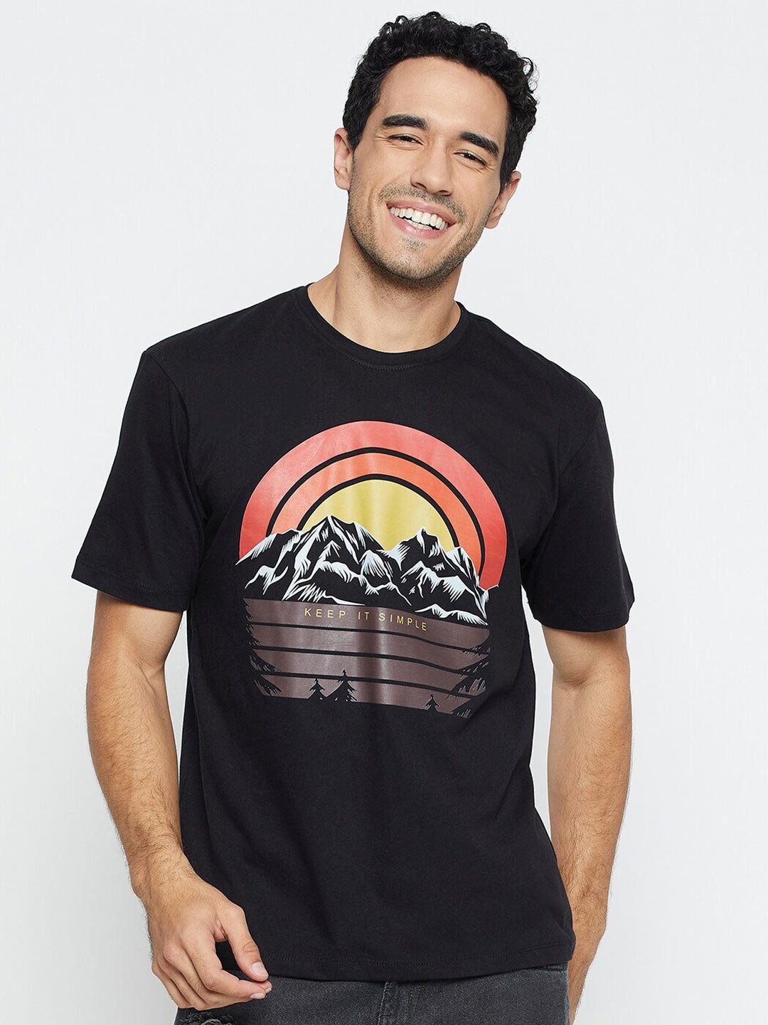 

Mast & Harbour Graphic Printed Round Neck Casual Knitted Pure Cotton T-shirt, Black