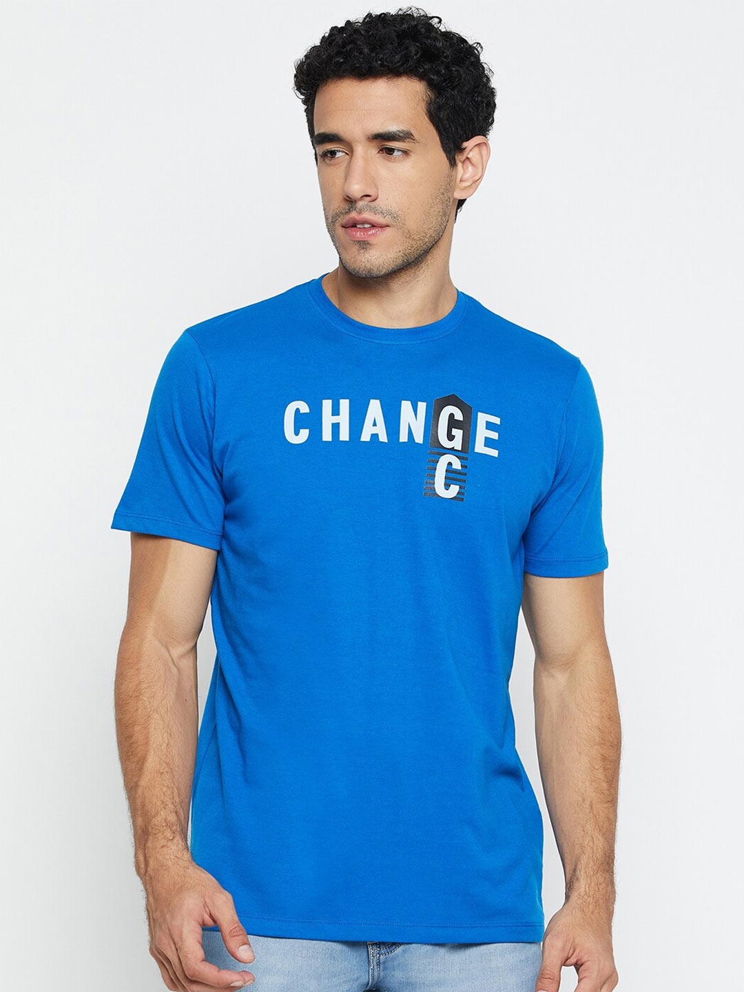 

Mast & Harbour Blue Typography Printed Pure Cotton T-shirt