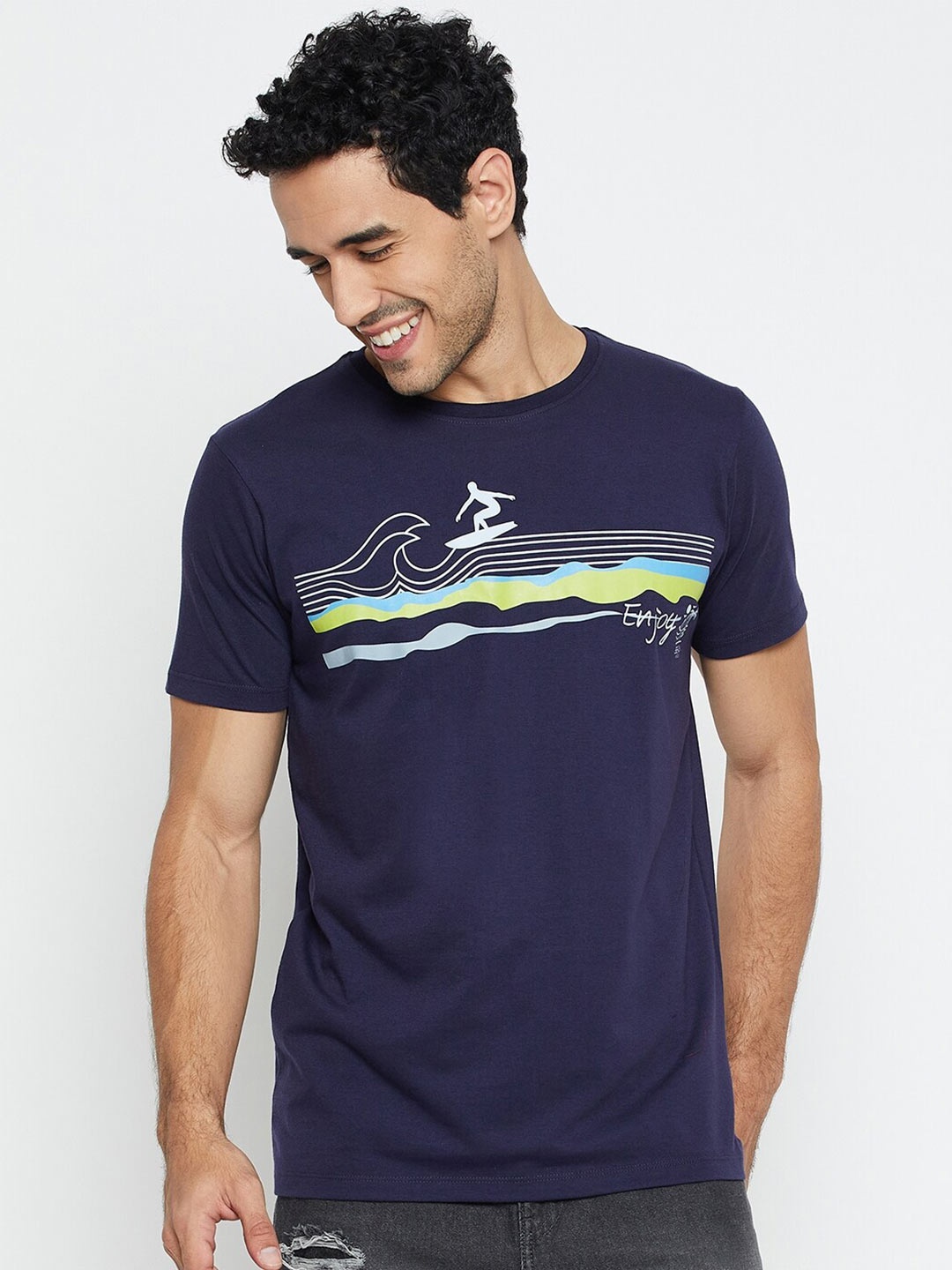

Mast & Harbour Navy Blue Graphic Printed Pure Cotton T-shirt