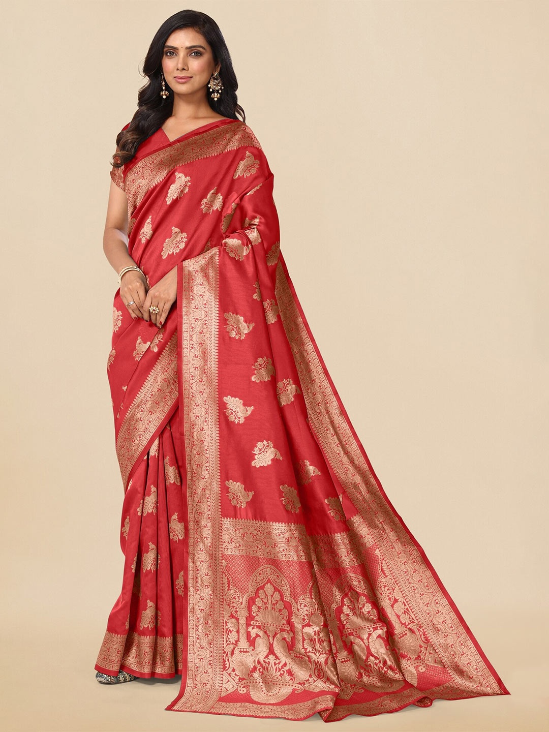 

KALINI Ethnic Motifs Woven Design Zari Banarasi Saree, Red